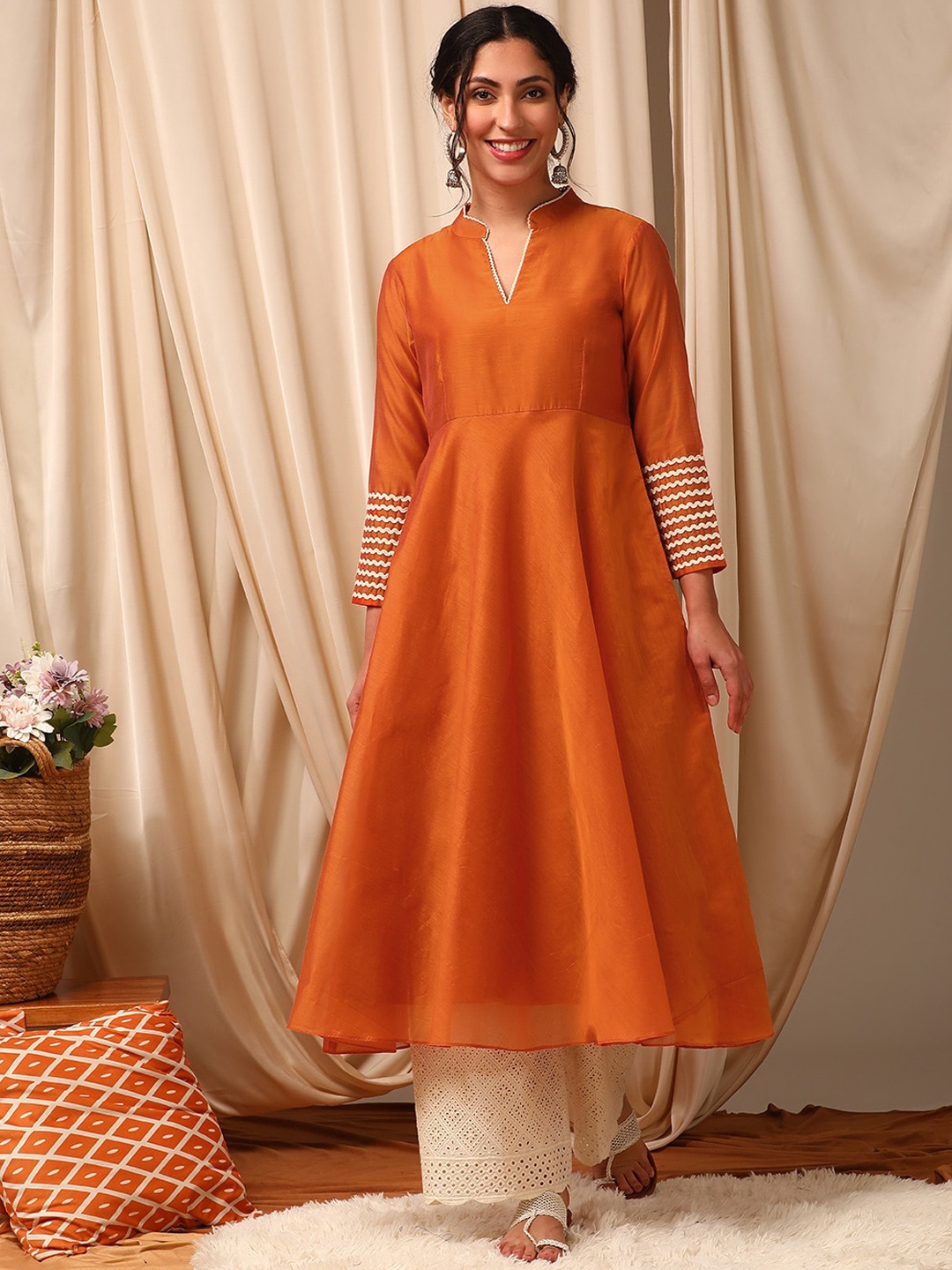 

Inddus Mandarin Collar Lace Detailing Anarkali Kurta, Rust