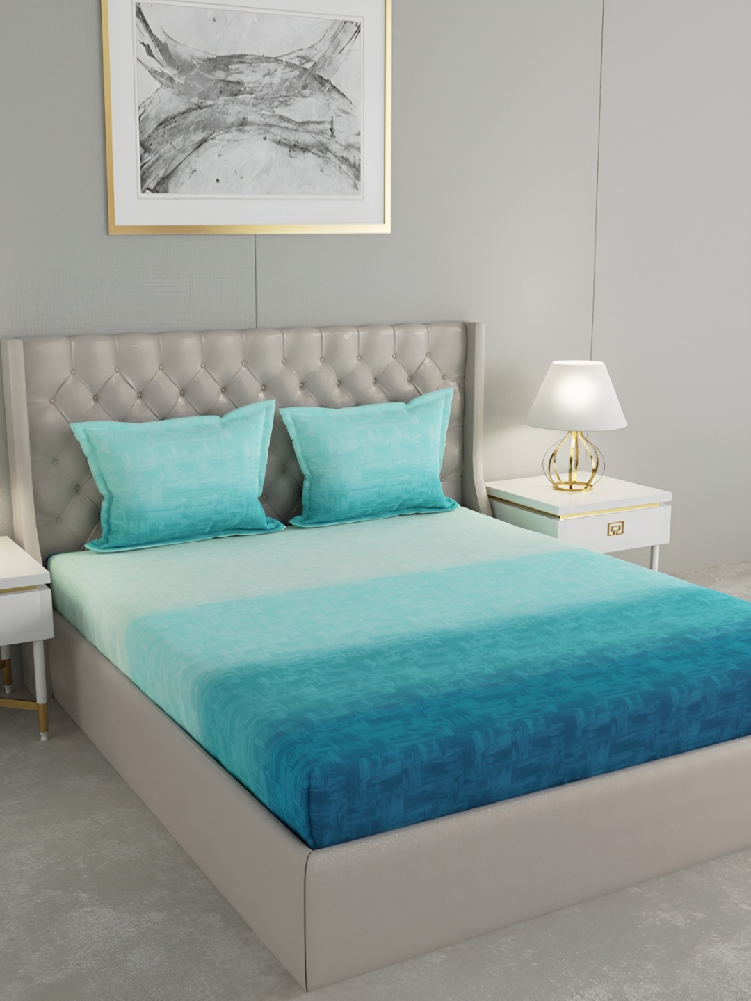 

GM Blue & Green Geometric 144 TC Queen Bedsheet with 2 Pillow Covers