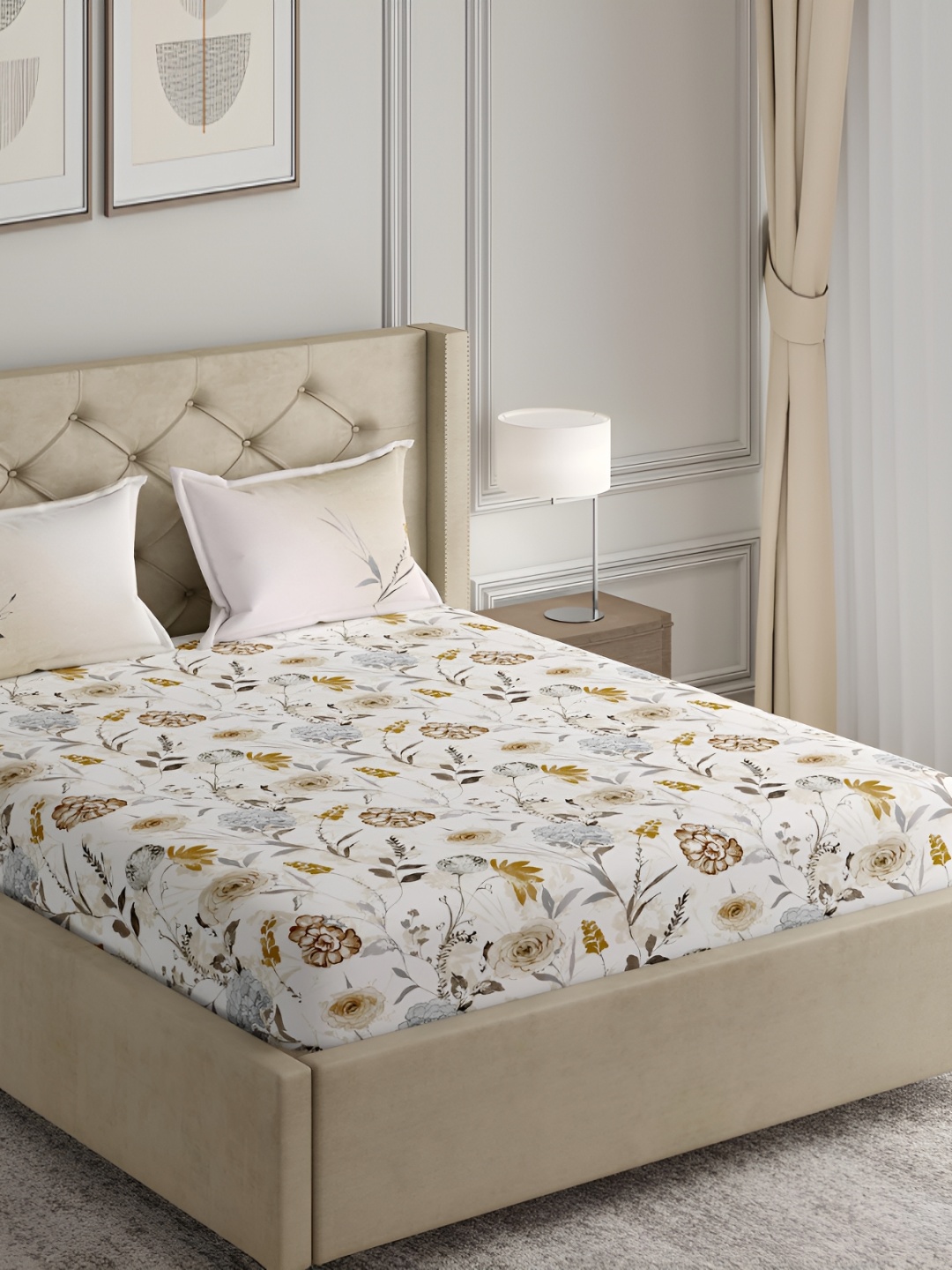 

GM White & Grey Floral 144 TC Queen Bedsheet with 2 Pillow Covers