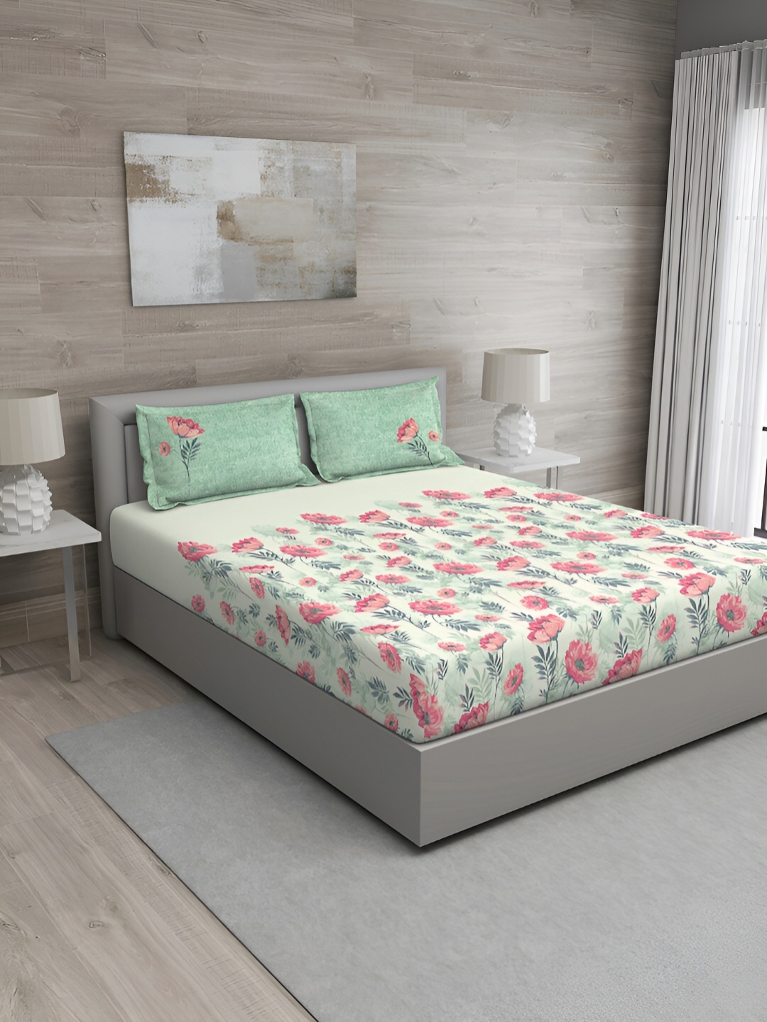 

GM Green & Pink Floral 144 TC Queen Bedsheet with 2 Pillow Covers