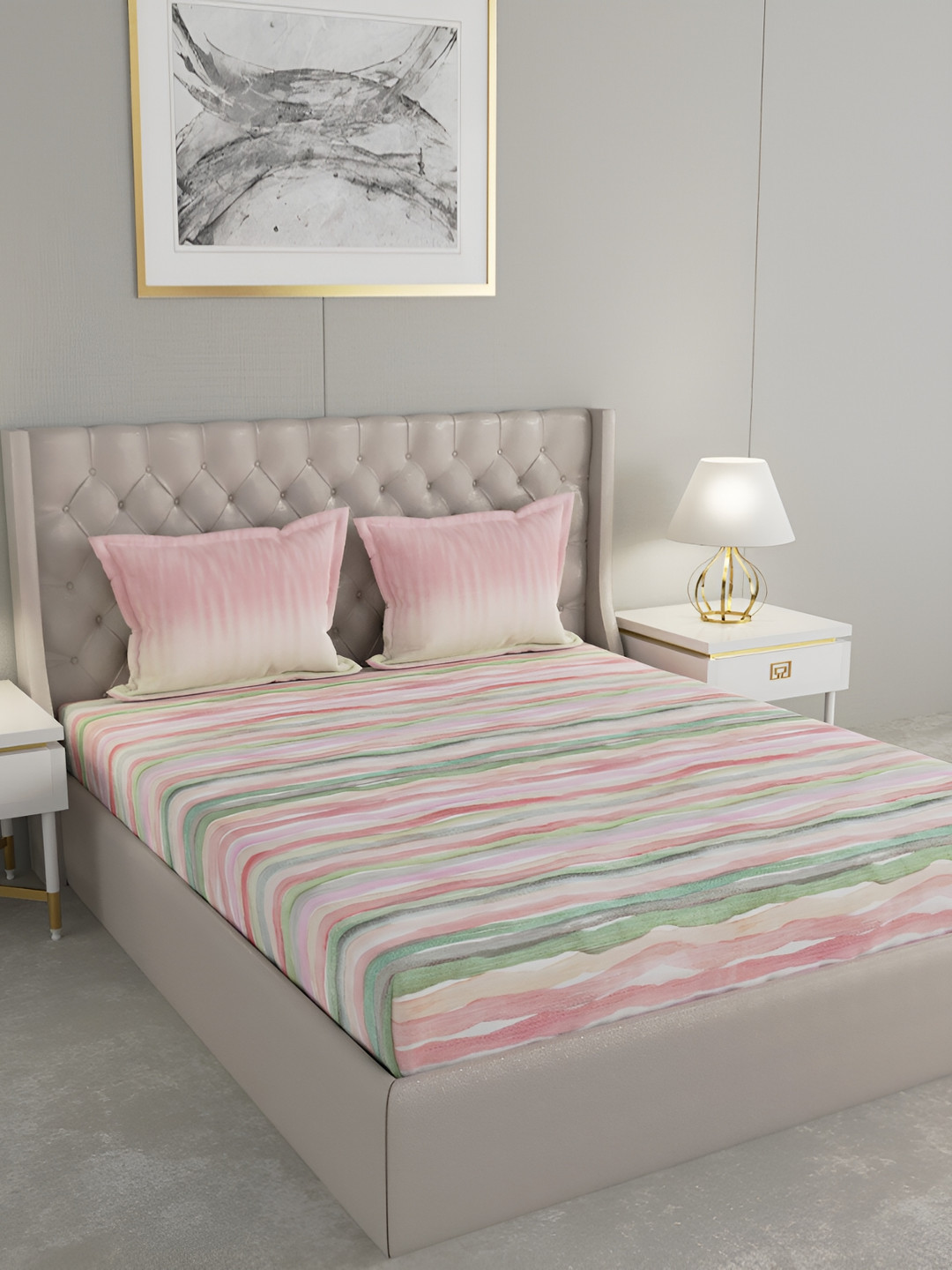

GM Pink & White 144 TC Queen Bedsheet with 2 Pillow Covers