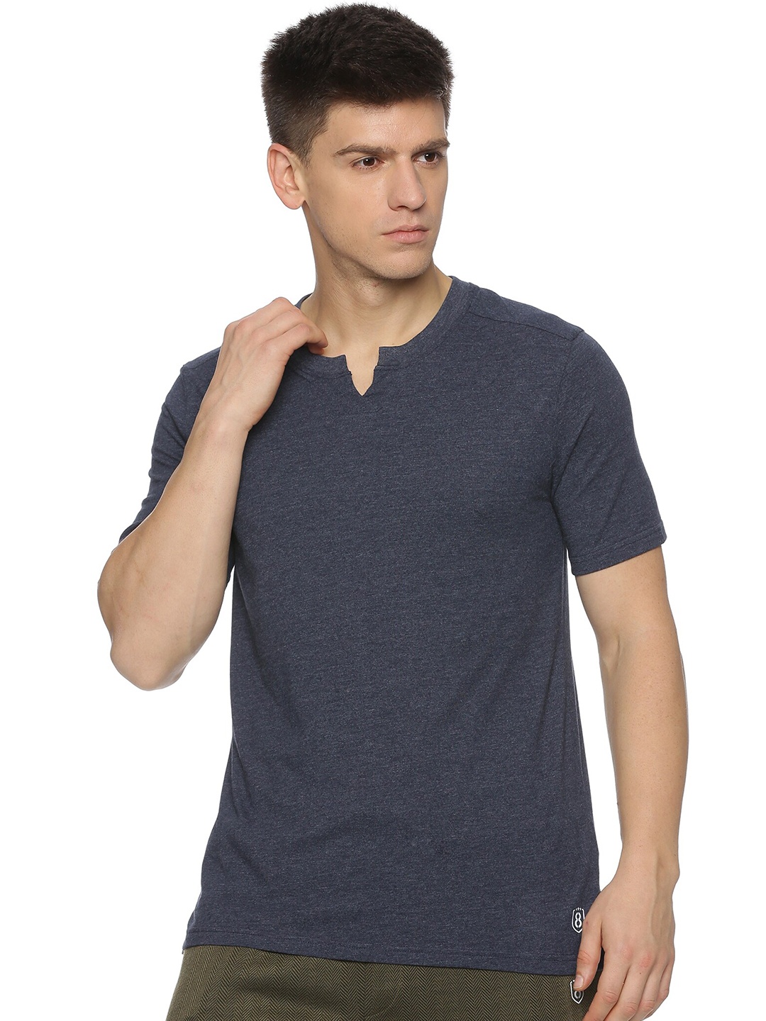 

DOMIN8 Mandarin Collar Short Sleeves Cotton T-shirt, Blue