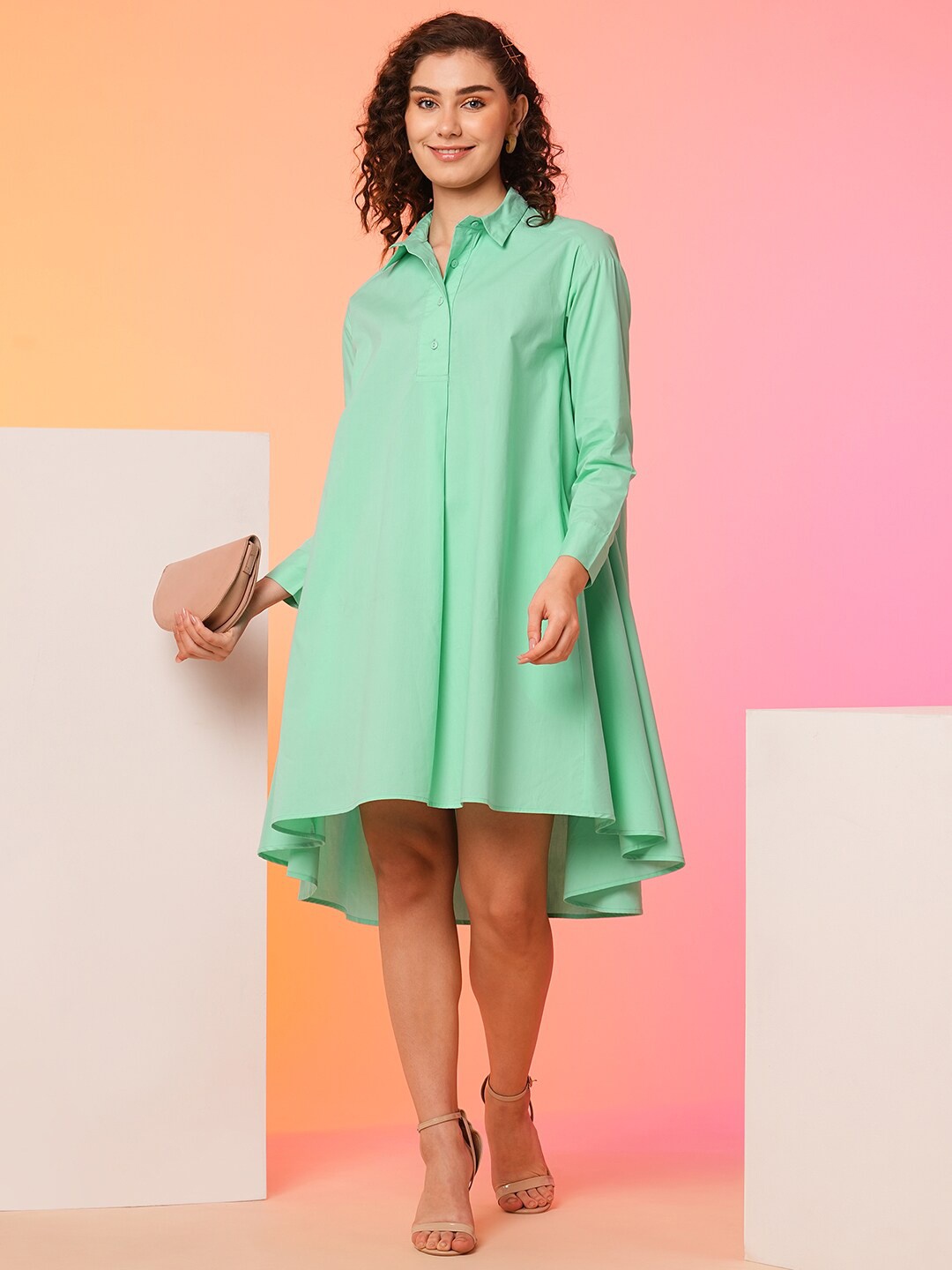 

Globus Green Asymmetric Loose Fit Cotton A-Line Dress