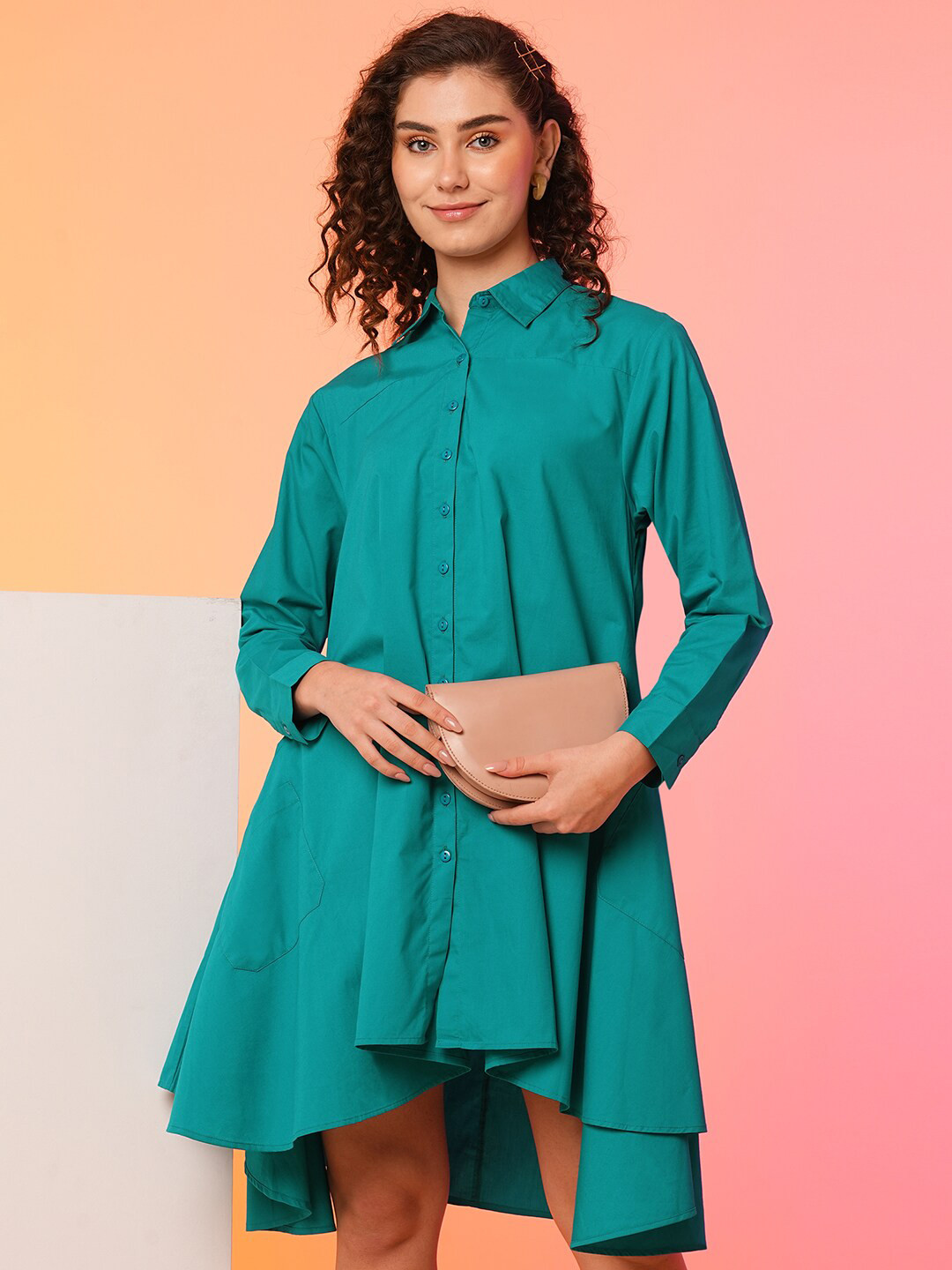 

Globus Green Asymmetric Loose Fit Cotton A-Line Dress