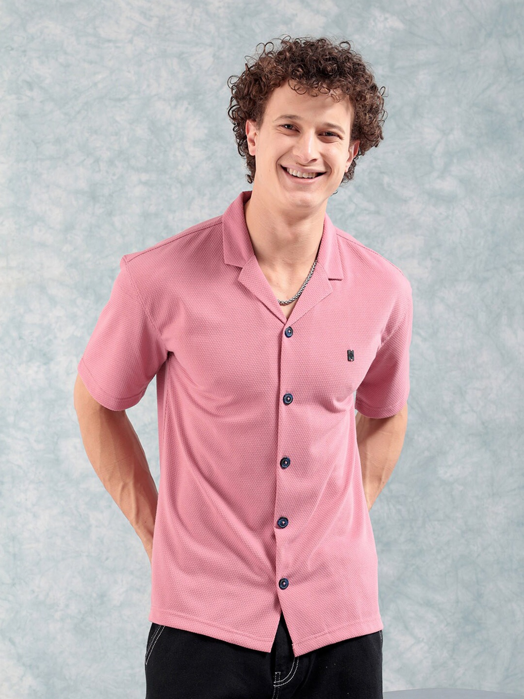

The Indian Garage Co Oversized Textured Cuban Collar Casual Shirt, Pink