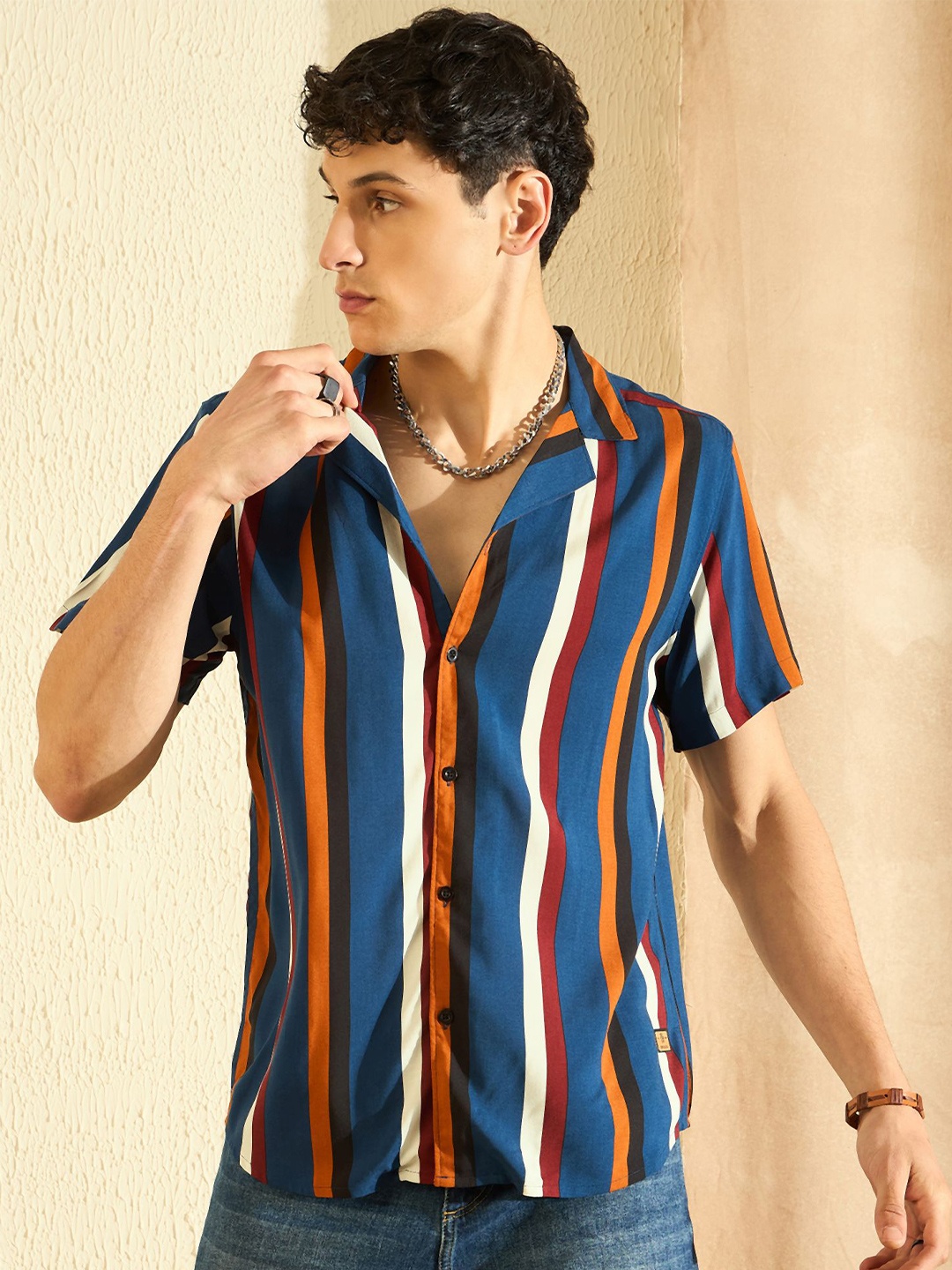 

DENNISON Smart Oversized Striped Cuban Collar Casual Shirt, Blue