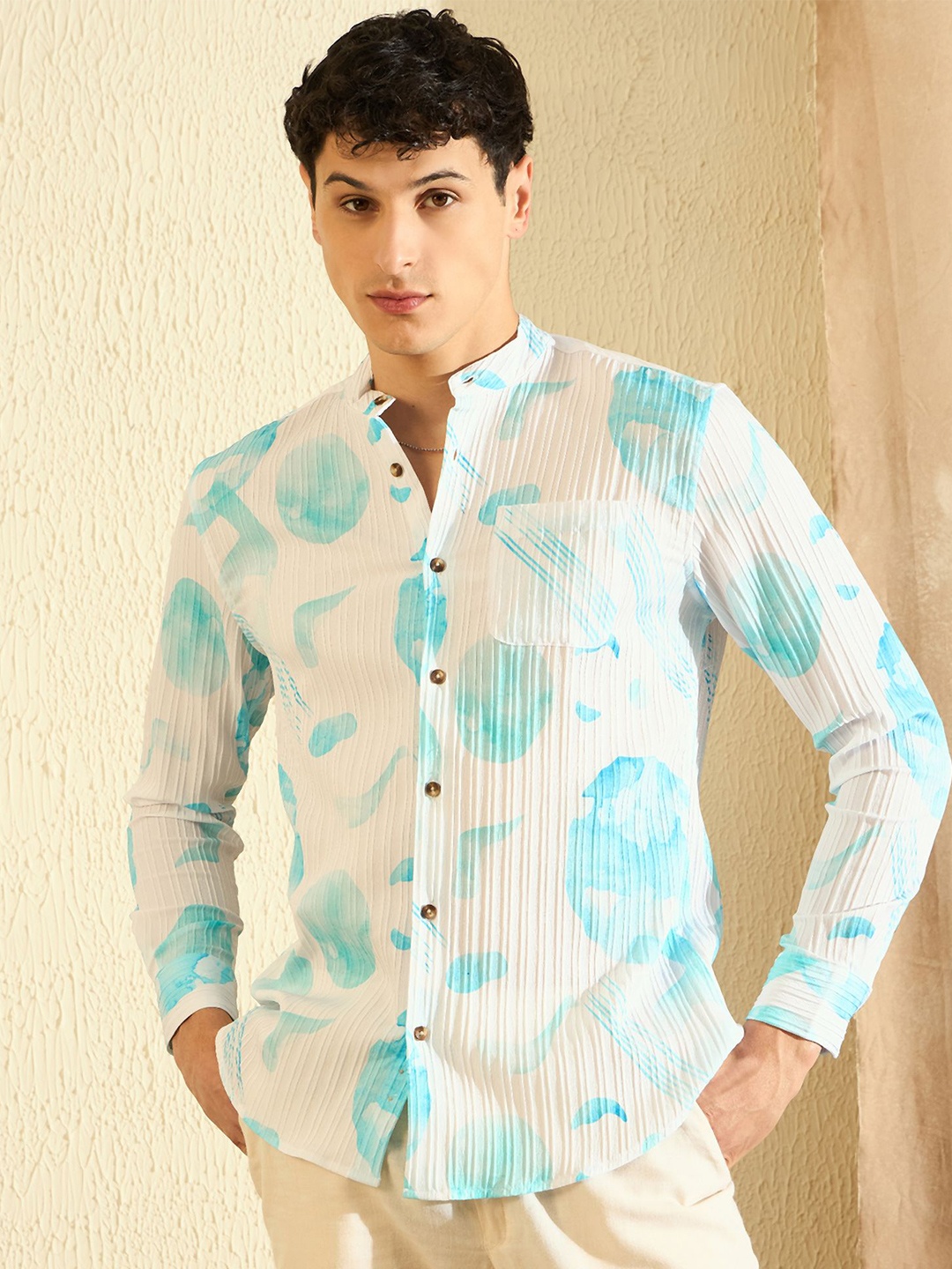 

DENNISON Smart Abstract Printed Mandarin Collar Casual Shirt, White