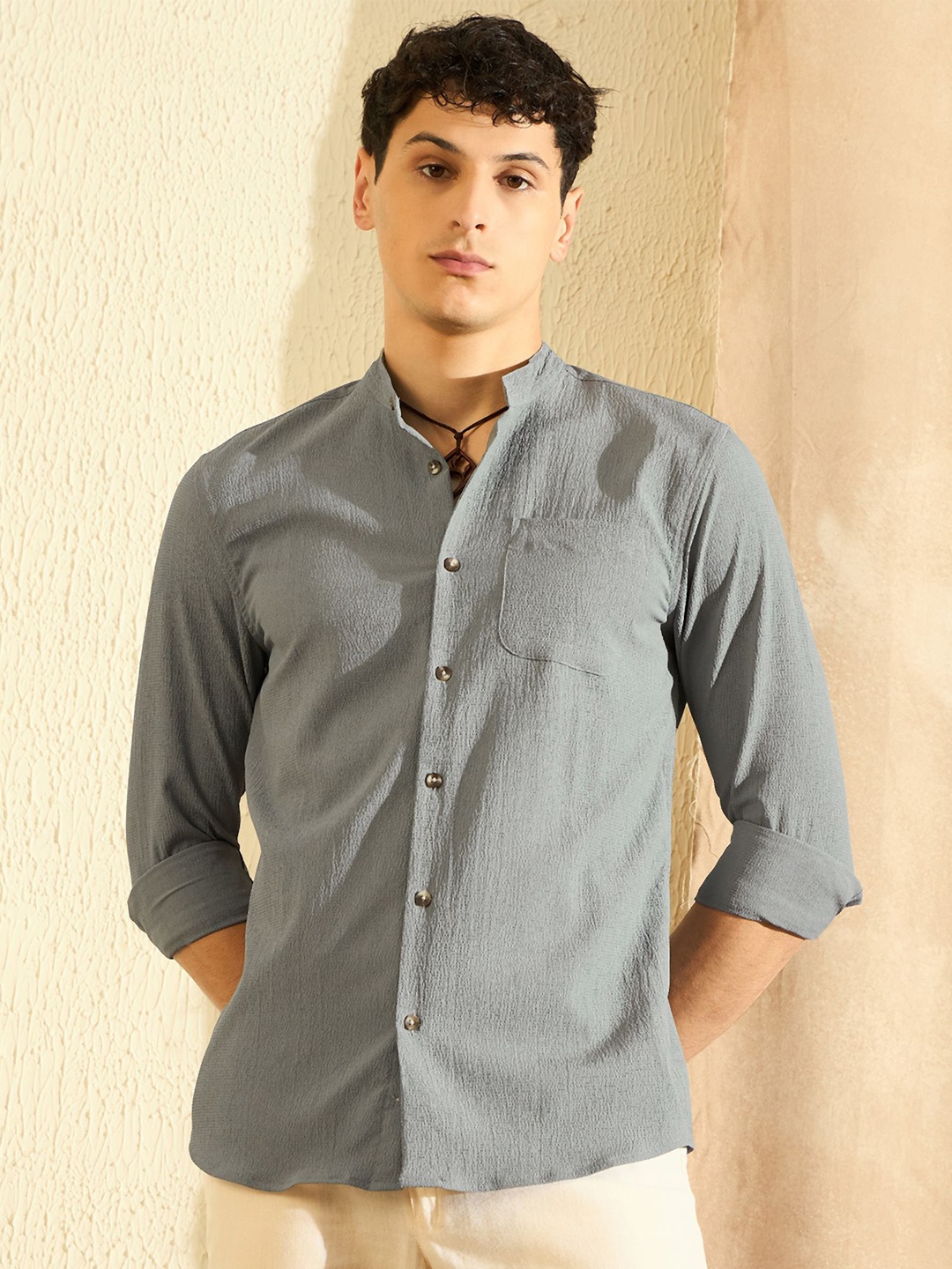 

DENNISON Smart Mandarin Collar Casual Shirt, Grey