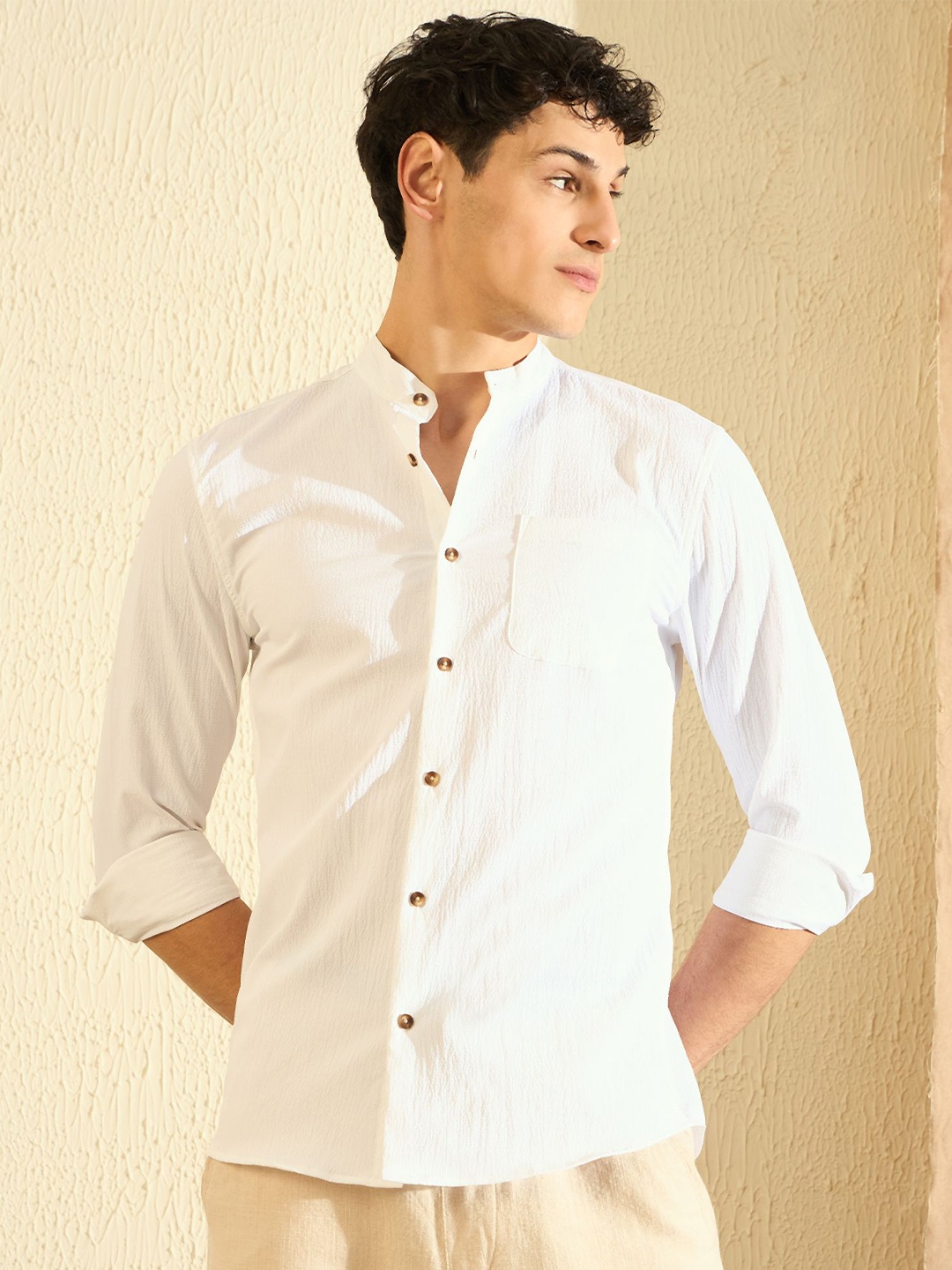 

DENNISON Smart Mandarin Collar Casual Shirt, White