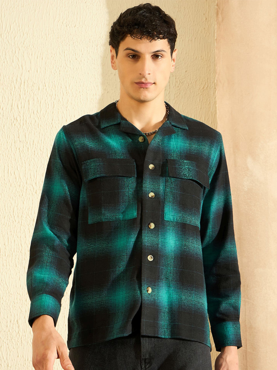 

DENNISON Smart Checked Cuban Collar Oversized Cotton Casual Shackets, Blue
