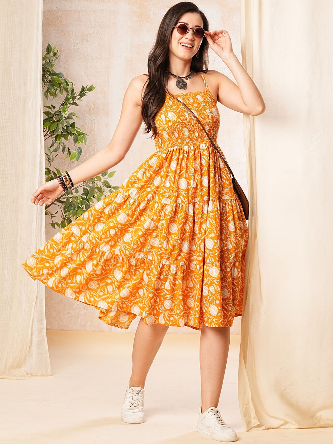 

Globus Floral Print Square Neck Adjustable Strappy Shoulder Fit & Flare Fusion Midi Dress, Mustard