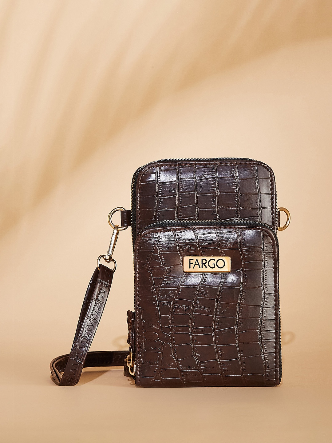 

FARGO Textured Zip Detail PU Structured Sling Bag, Brown