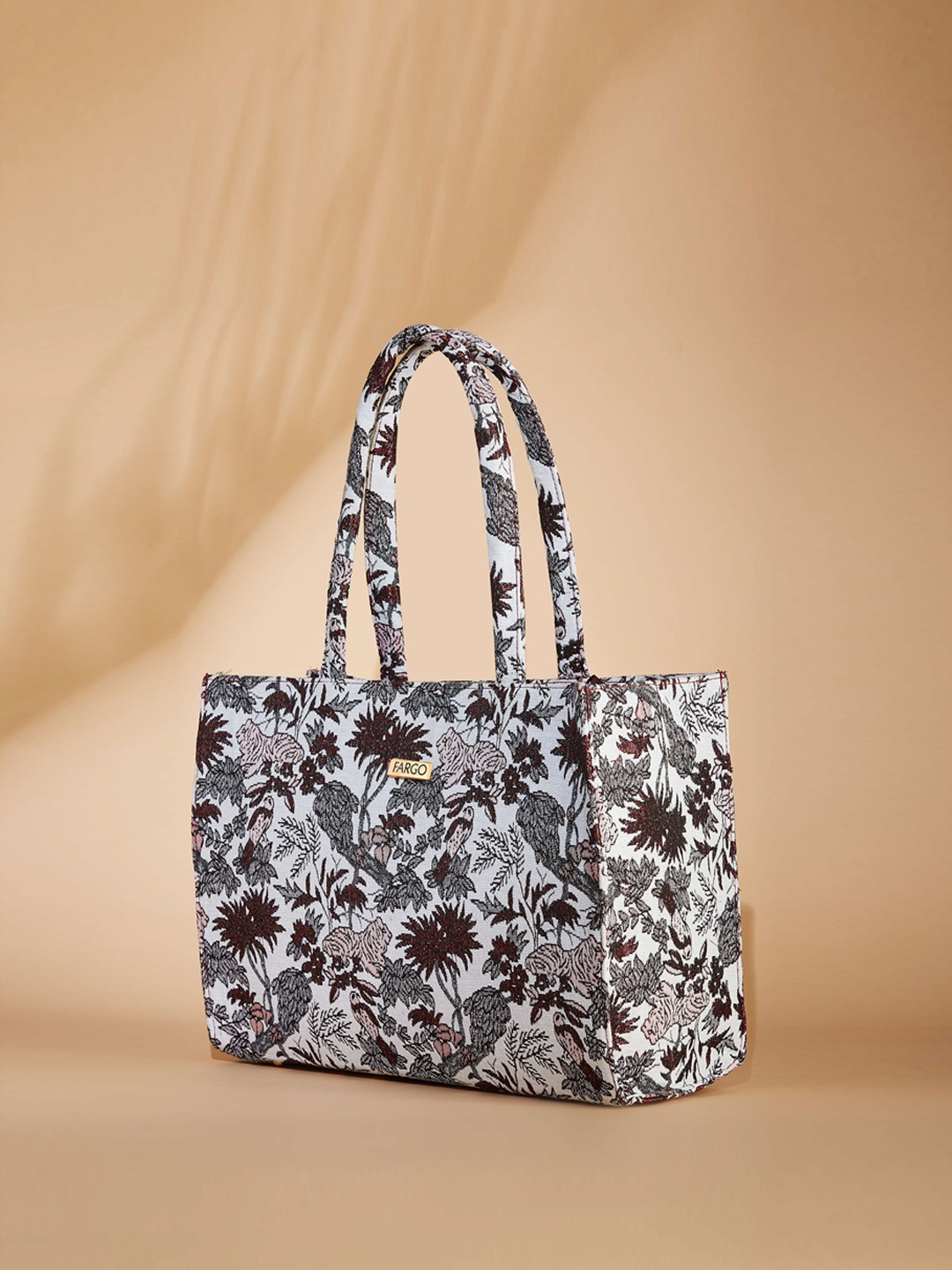 FARGO Floral Printed Structured Canvas Tote Bag, White