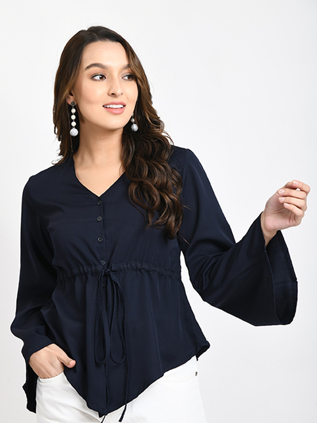

V&M V-Neck Crepe Cinched Waist Top, Navy blue