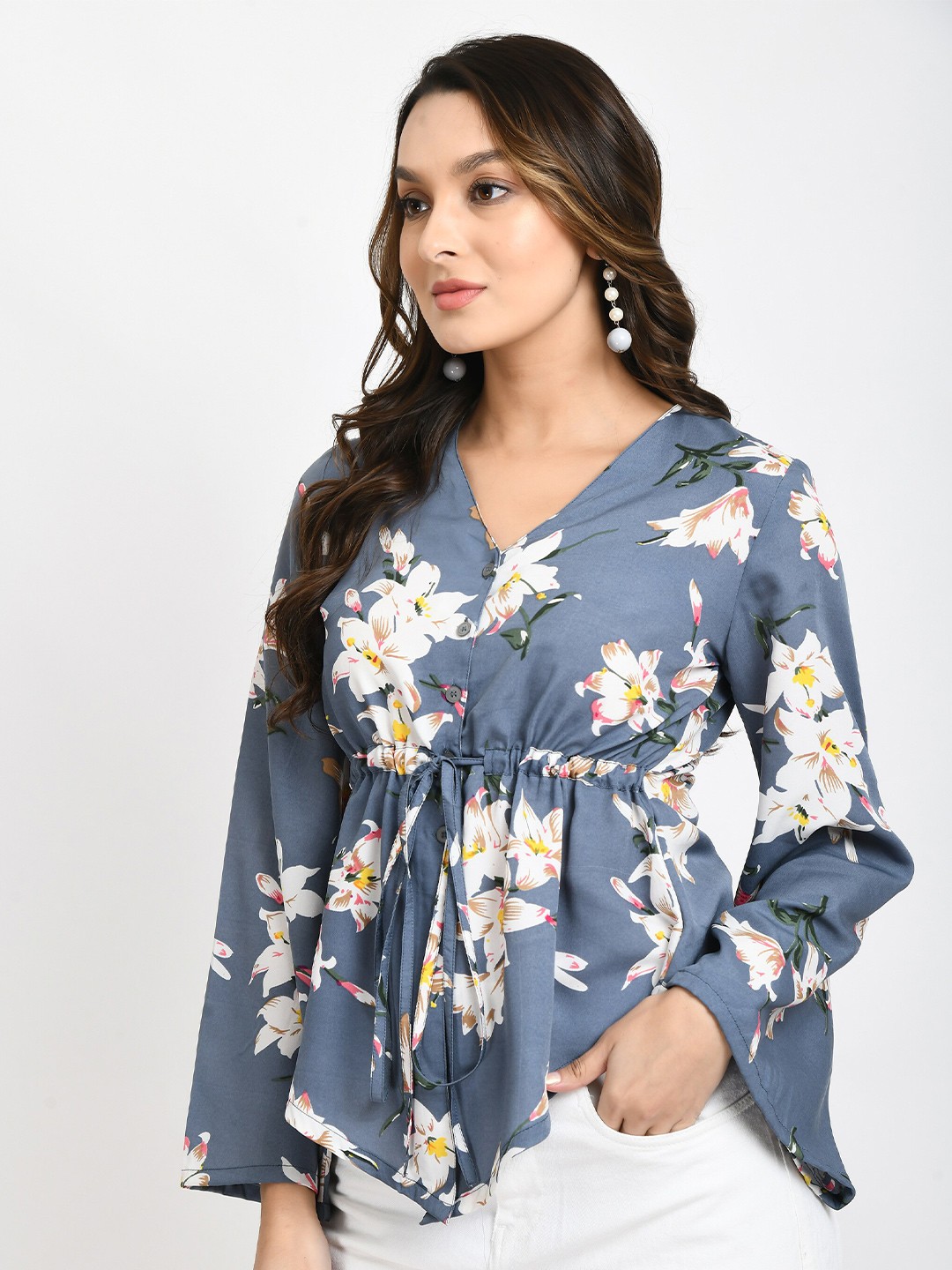 

V&M Floral Printed V-Neck Flared Sleeve Cinched Waist Top, Grey