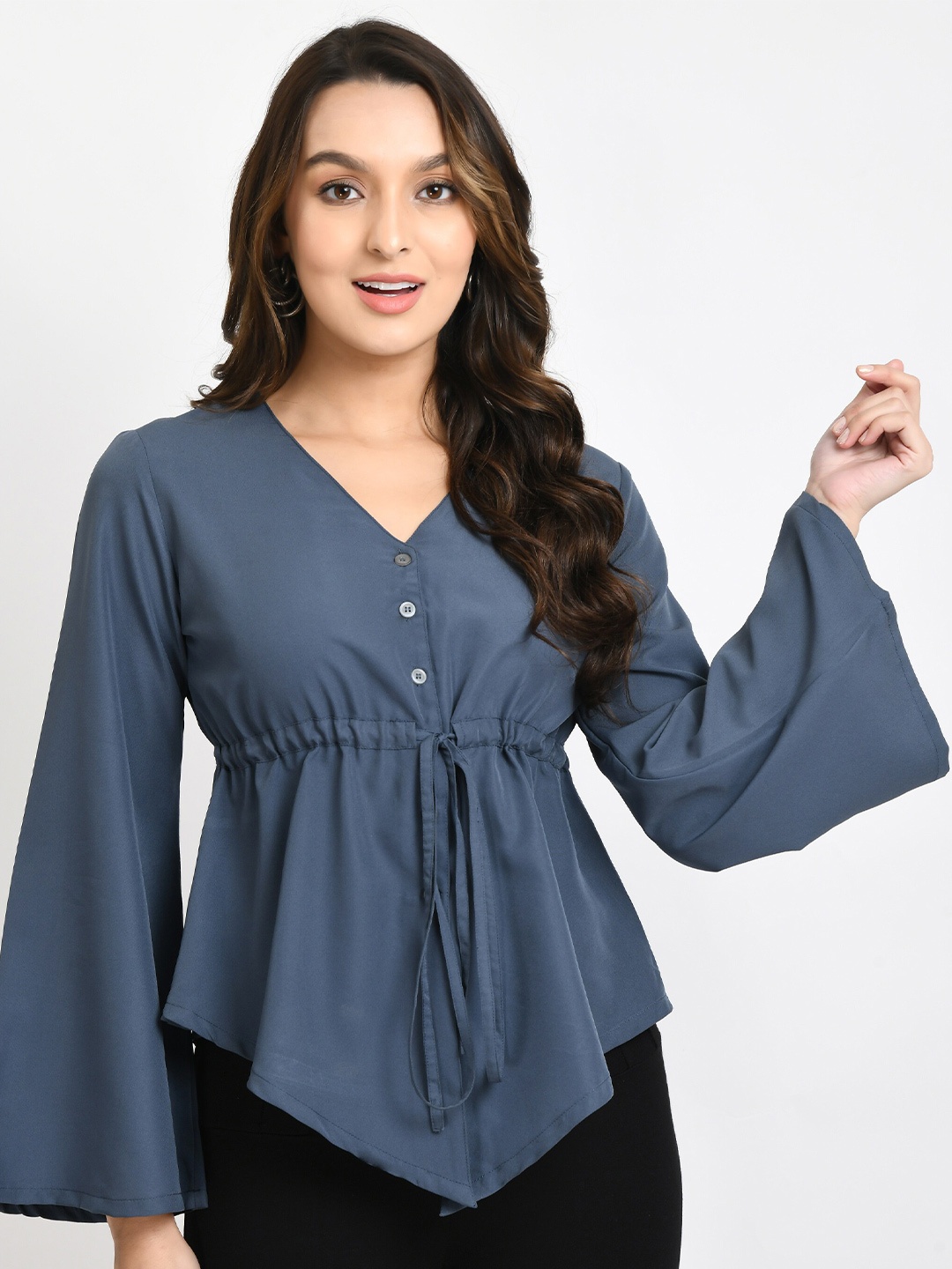 

V&M Flared Sleeve Crepe Cinched Waist Top, Grey