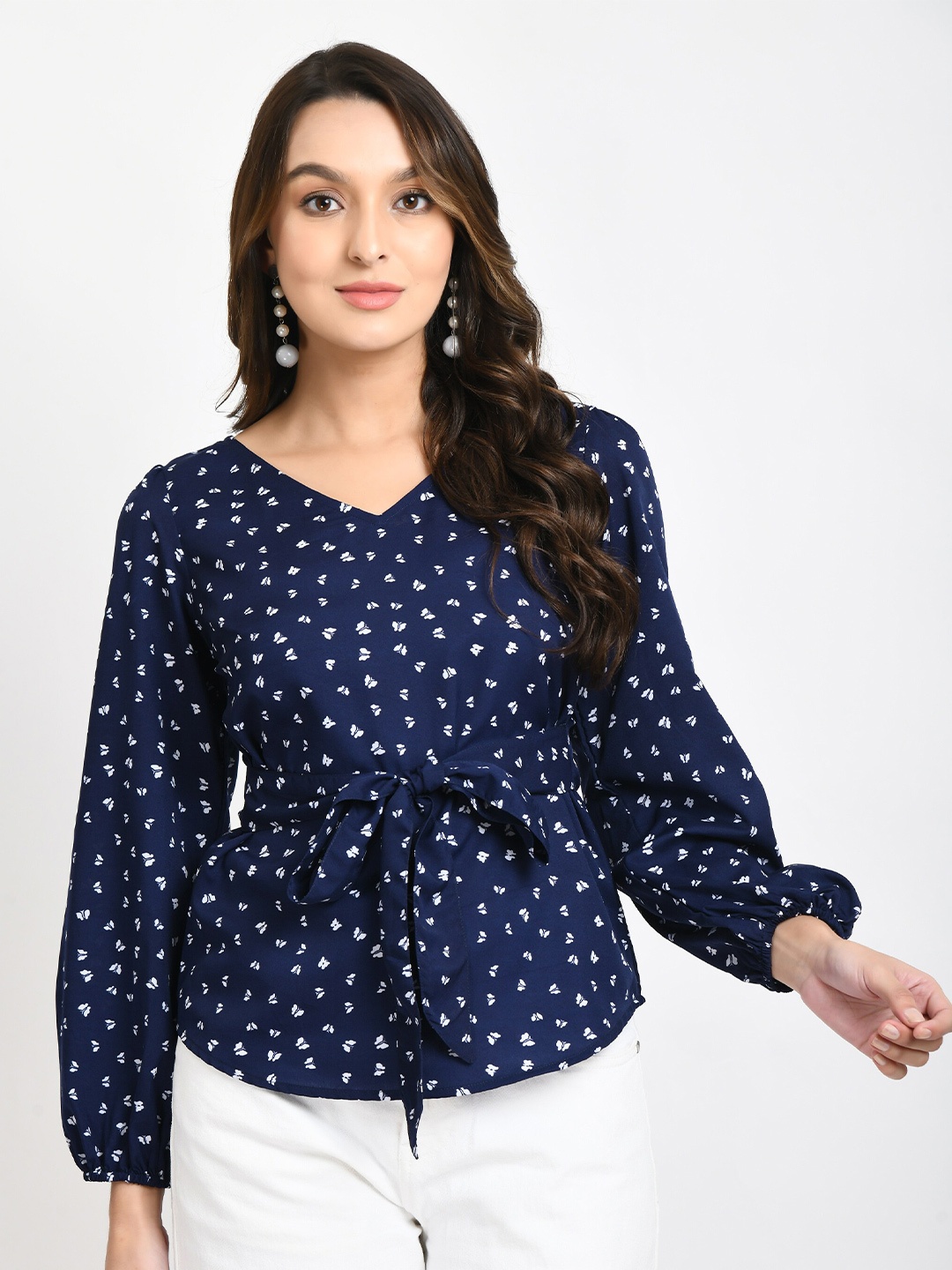 

V&M Conversational Printed V-Neck Puff Sleeve Tie Up Cinched Waist Top, Navy blue