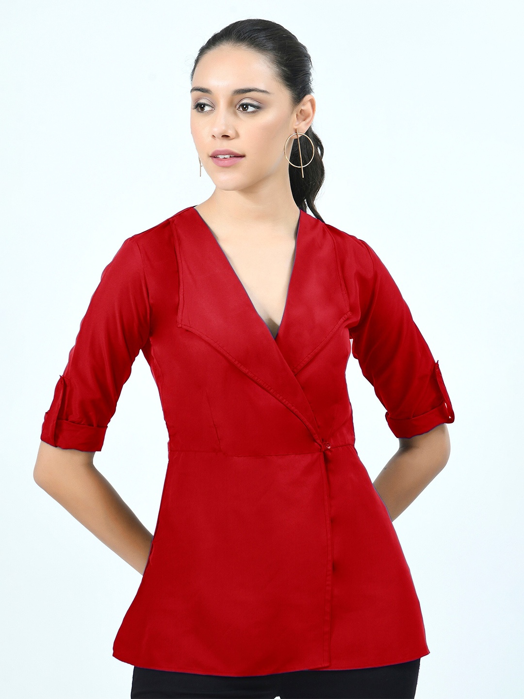 

V&M V-Neck Roll-Up Sleeves Georgette Top, Red