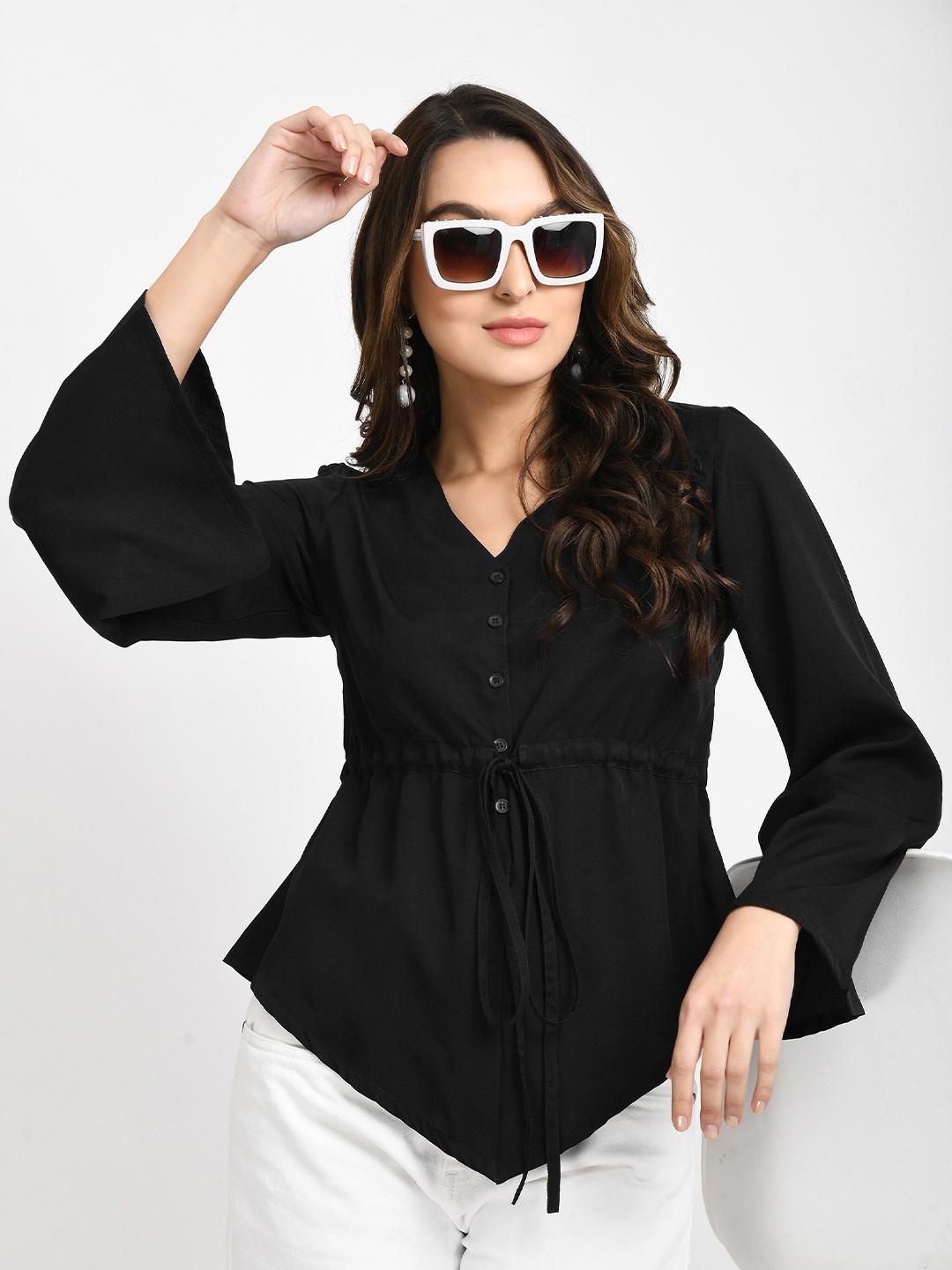 

V&M V-Neck Bell Sleeve Tie Up Cinched Waist Top, Black