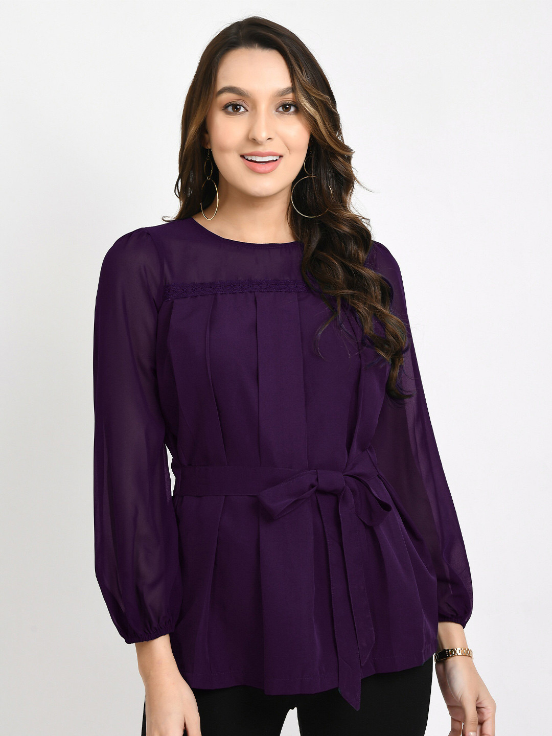 

V&M Round Neck Pleated waist Tie-up Top, Purple