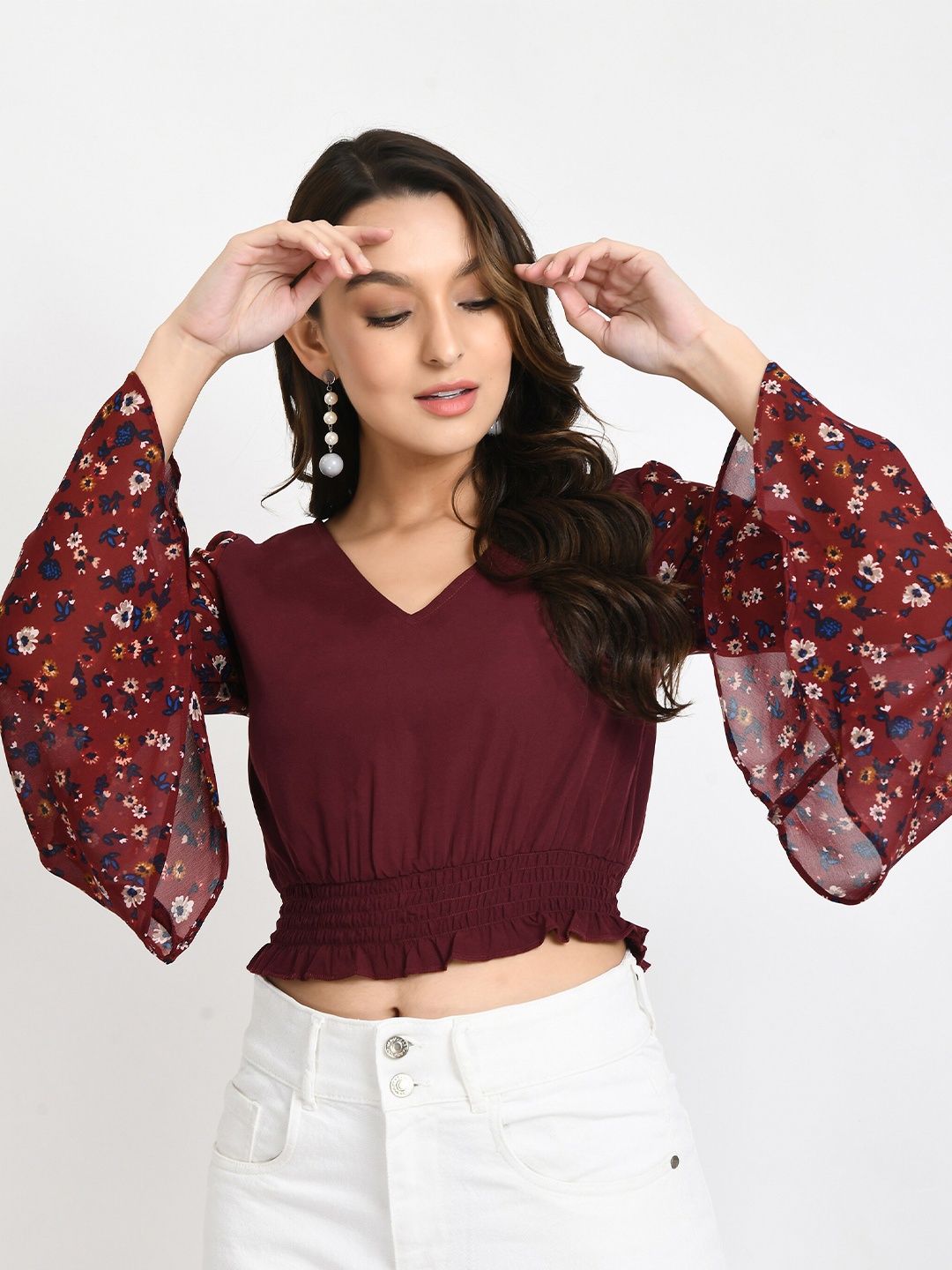 

V&M V-Neck Bell Sleeve Smocked Blouson Crop Top, Maroon