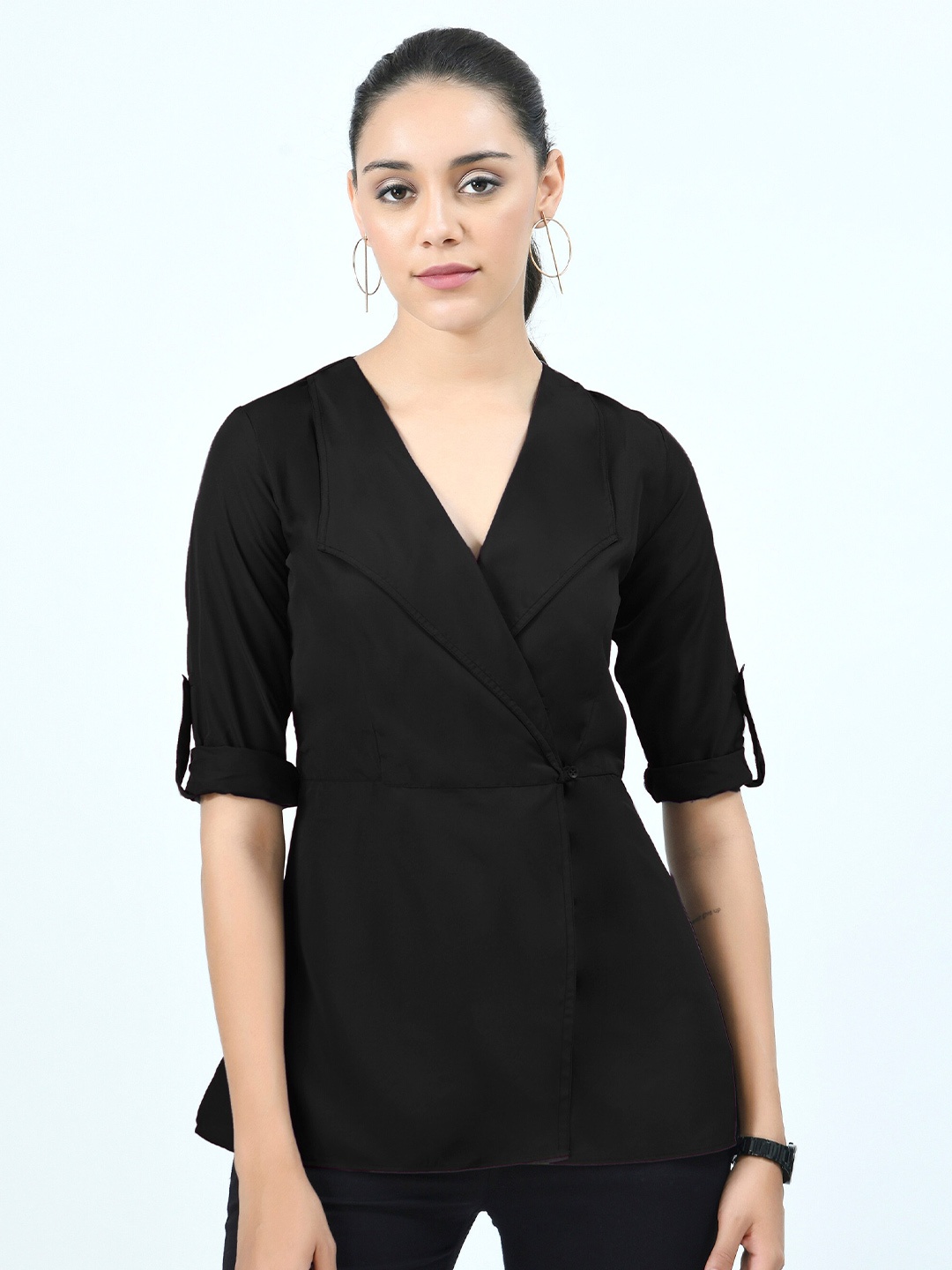 

V&M Roll-Up Sleeves Crepe Wrap Top, Black
