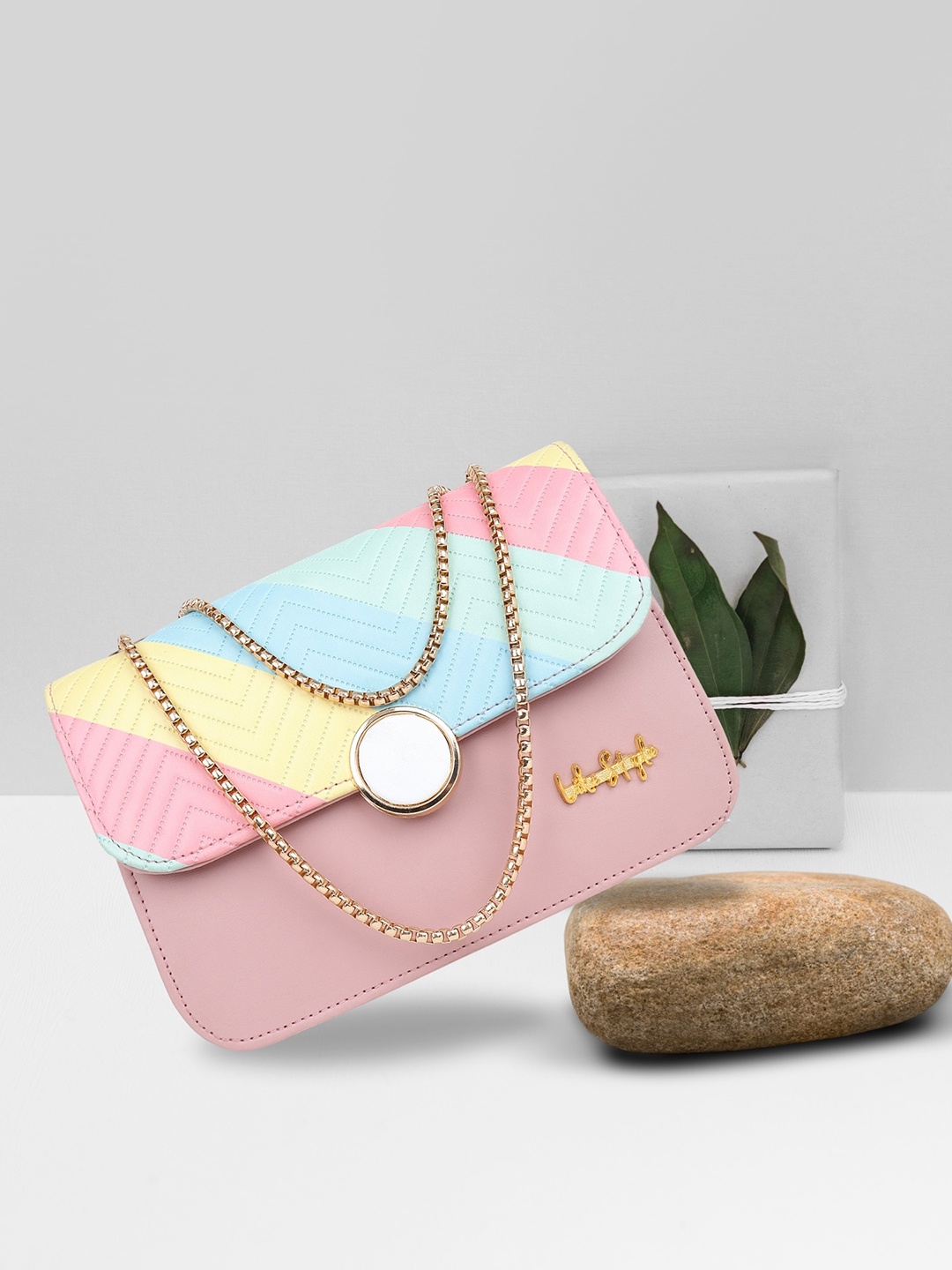 

LIKE STYLE Structured Colourblocked Sling Bag With Metallic Strap, Pink