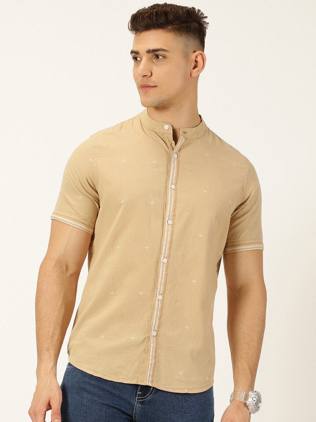 

Thomas Scott Premium Slim Fit Band Collar Pure Cotton Casual Shirt, Beige