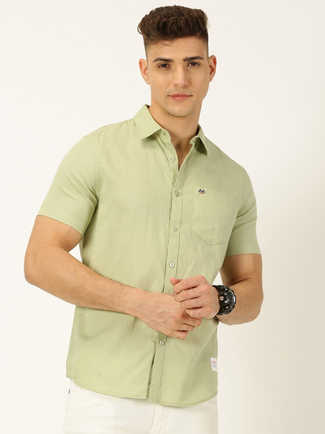 

Thomas Scott Classic Cotton Linen Slim Fit Short Sleeves Casual Shirt, Green