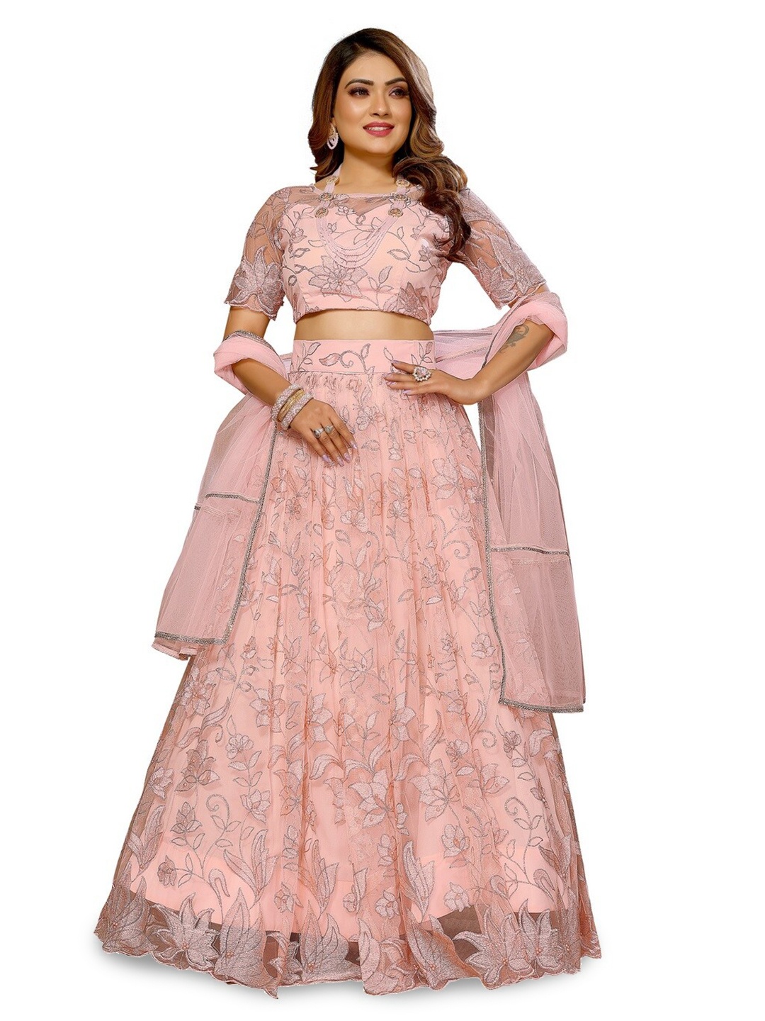 

Krimmple Embellished Sequinned Ready to Wear Lehenga & Blouse With Dupatta, Pink