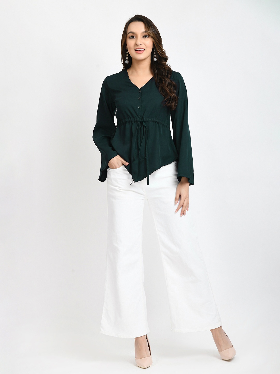 

V&M V-Neck Bell Sleeve Tie Up Cinched Waist Top, Green