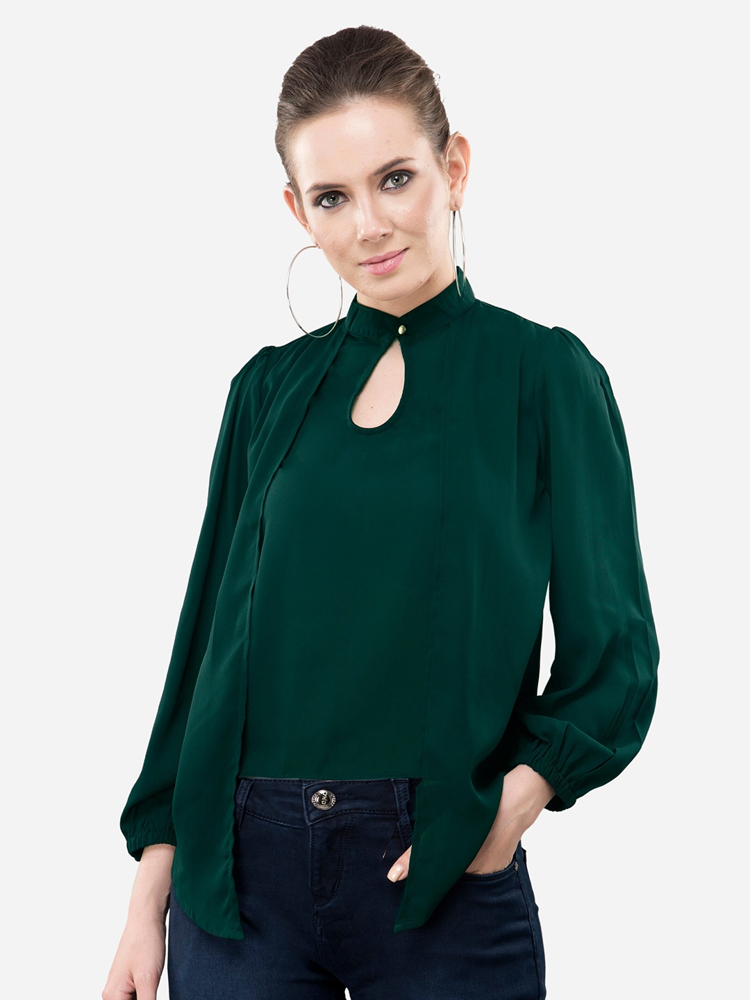 

V&M Keyhole Neck Puffed Sleeves Top, Green