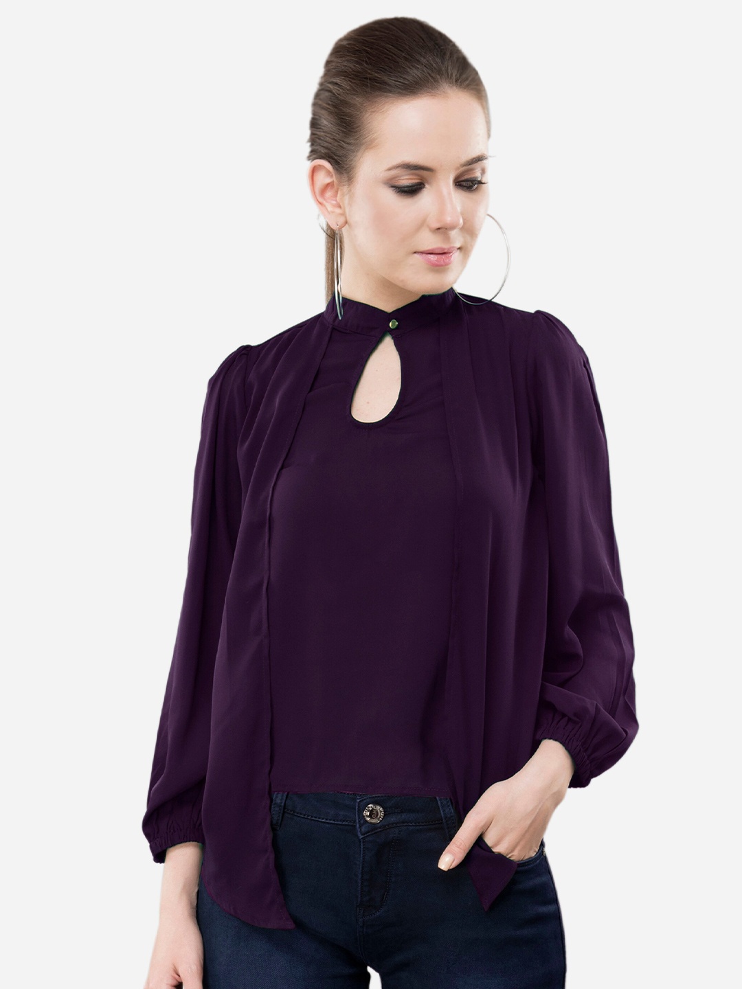 

V&M Keyhole Neck Puff Sleeve Top, Purple