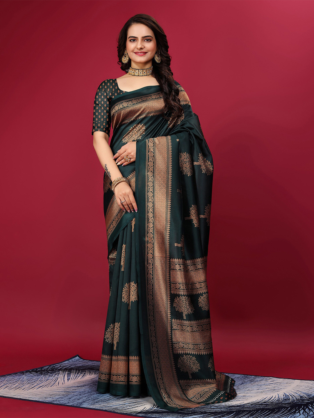 

KALINI Ethnic Motifs Zari Art Silk Mysore Silk Saree, Green