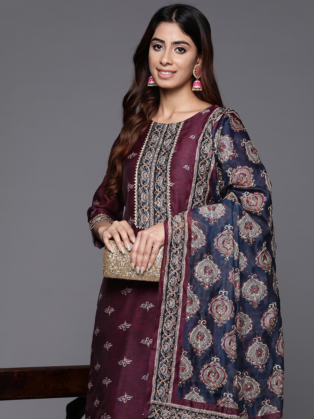 

Varanga Ethnic Motifs Printed Sequinned Chanderi Silk Kurta with Trousers & Dupatta, Purple