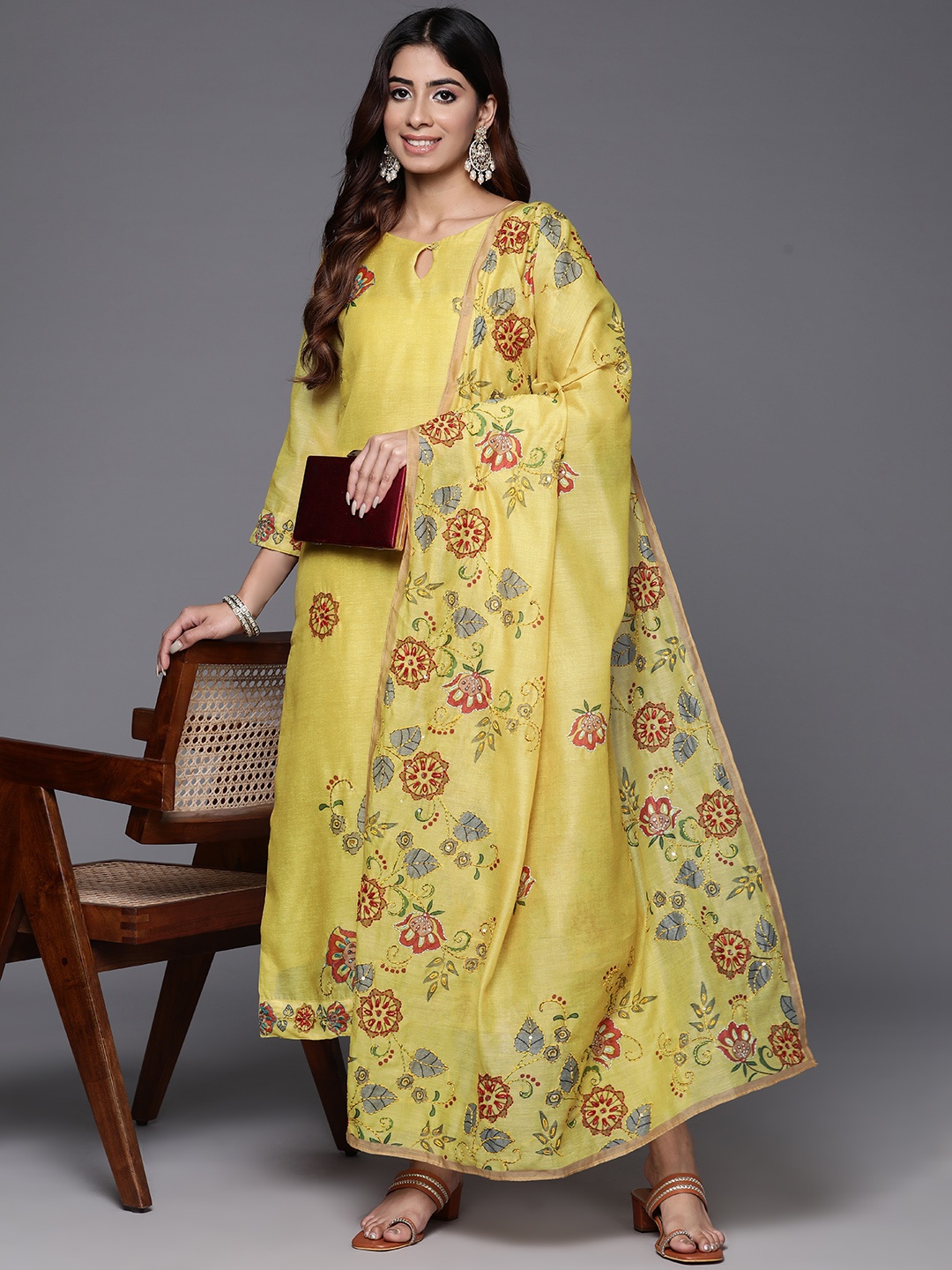 

Varanga Floral Embroidered Sequinned Chanderi Silk Kurta with Trousers & Dupatta, Yellow