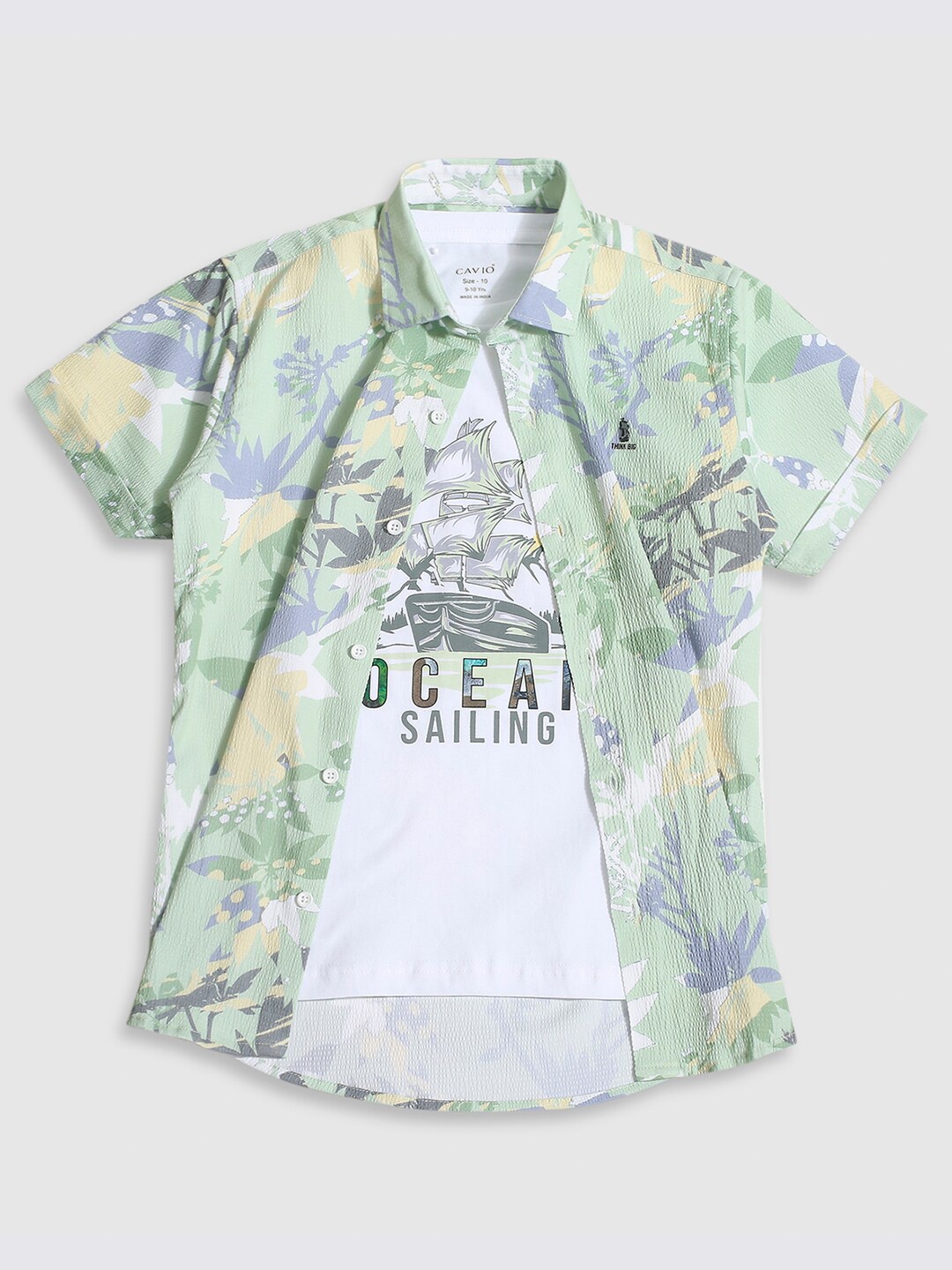 

CAVIO Boys Standard Graphic Printed Pure Cotton Shirt With T-Shirt, Green
