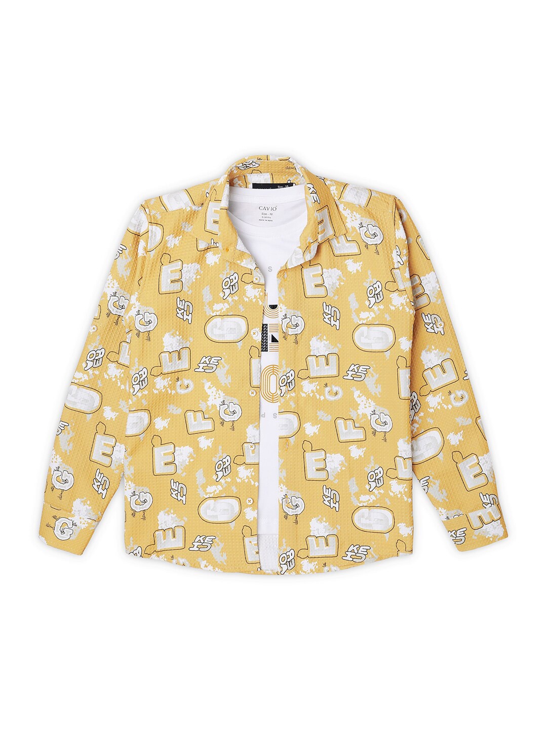 

CAVIO Boys Standard Conversational Printed Pure Cotton Shirt With T-Shirt, Yellow