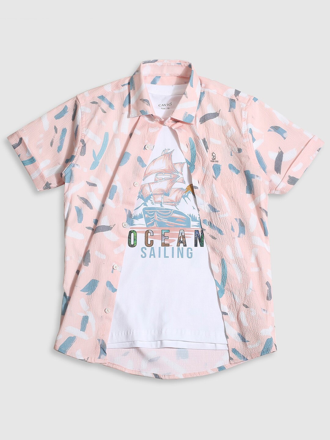 

CAVIO Boys Standard Graphic Printed Pure Cotton Shirt With T-Shirt, Peach
