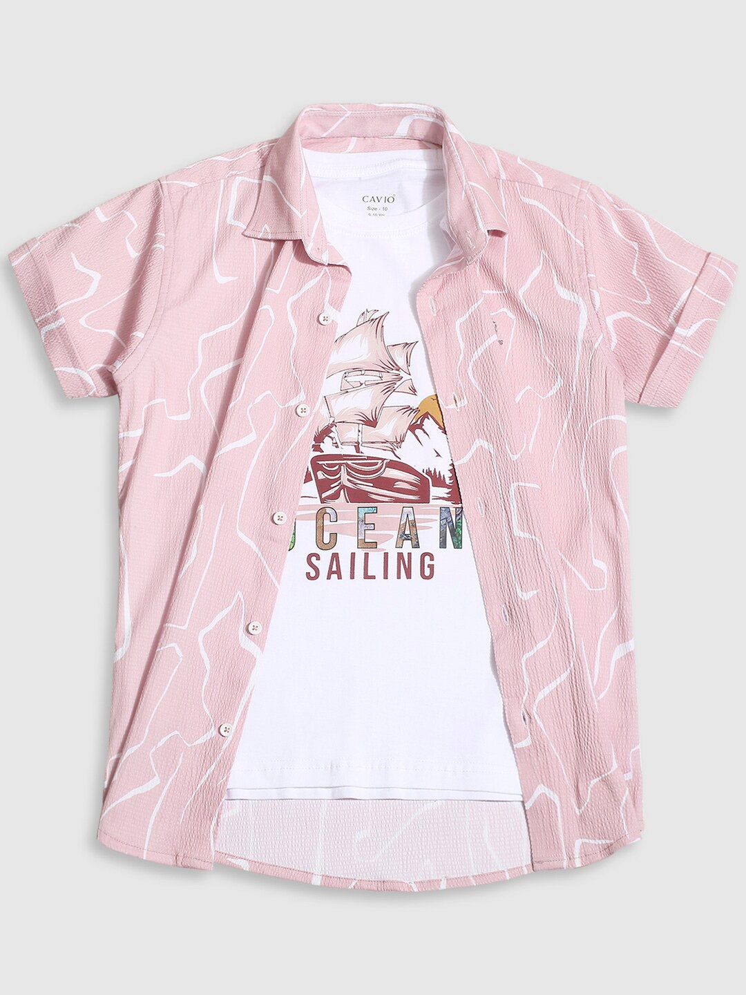 

CAVIO Boys Standard Abstract Printed Pure Cotton Shirt With T-Shirt, Pink
