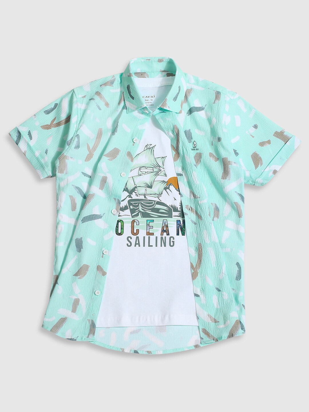 

CAVIO Boys Standard Graphic Printed Pure Cotton Shirt With T-Shirt, Sea green