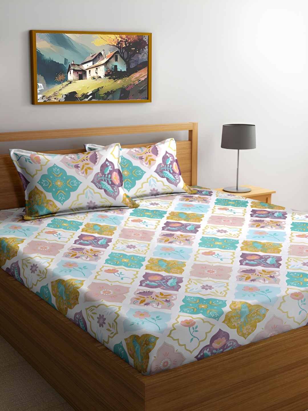 

FABINALIV Blue & White Geometric Print 300 TC King Size Bedsheet & 2 Pillow Covers