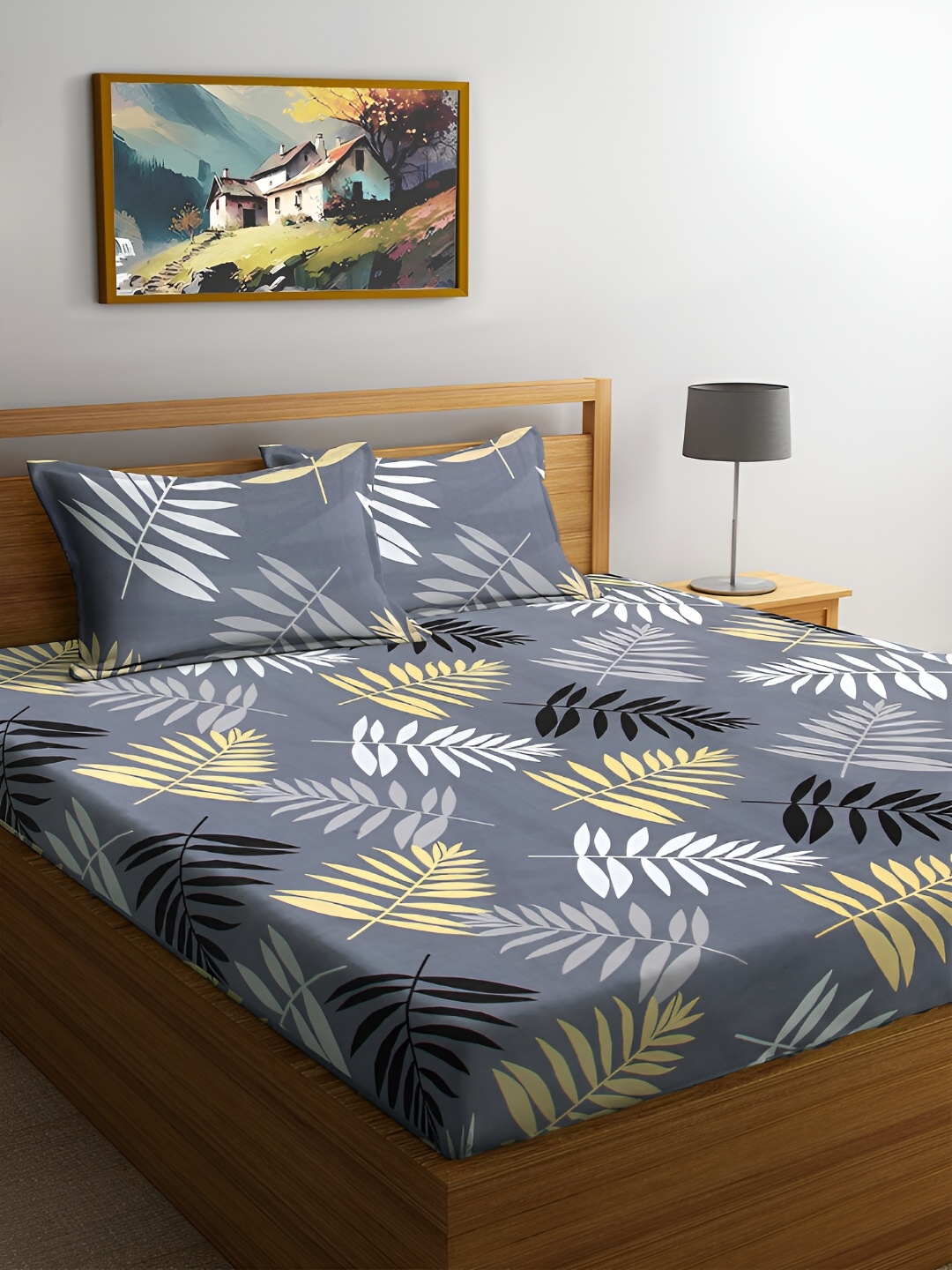 

FABINALIV Grey & White Floral Print 300 TC King Size Bedsheet & 2 Pillow Covers