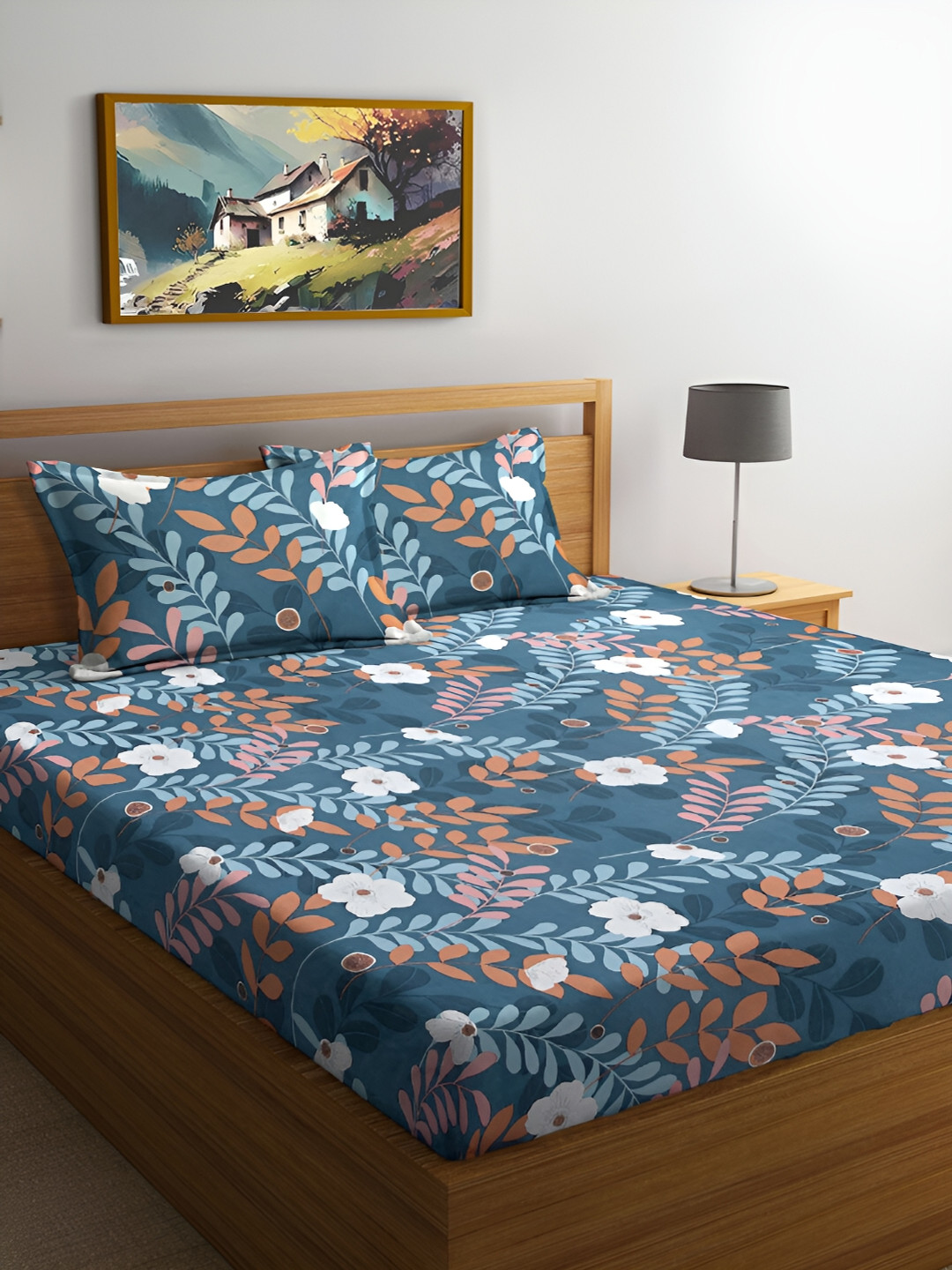 

FABINALIV Floral Print 300 TC Flat King Bedsheet with 2 Pillow Covers, Blue