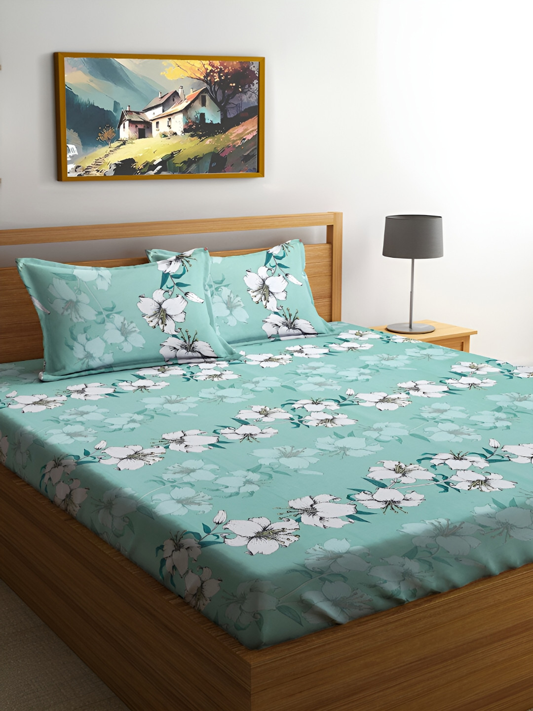 

FABINALIV Green & White Floral Print 300 TC King Size Bedsheet & 2 Pillow Covers