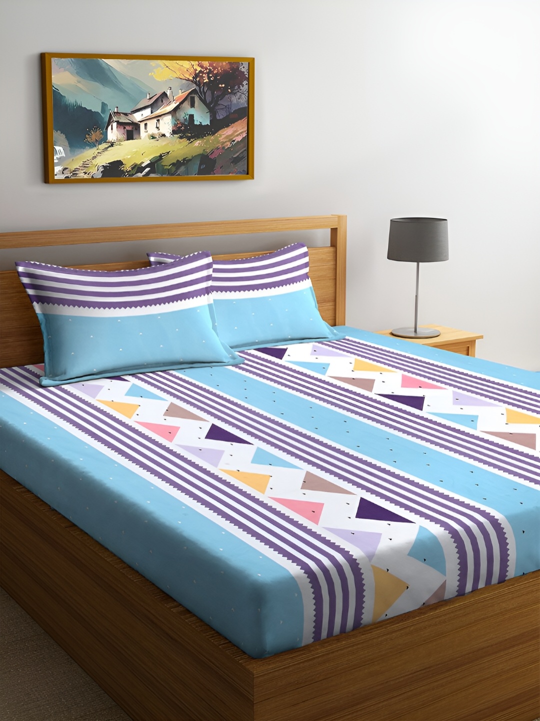 

FABINALIV Blue & White Geometric Print 300 TC King Size Bedsheet & 2 Pillow Covers
