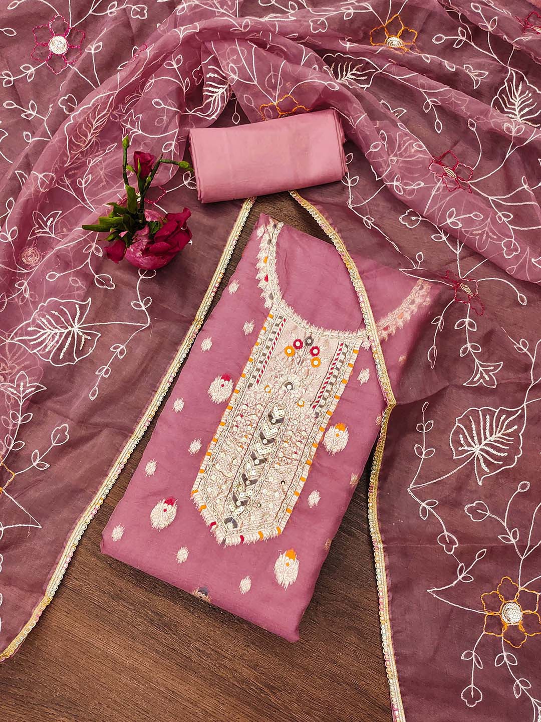 

KALINI Organza Unstitched Dress Material, Pink