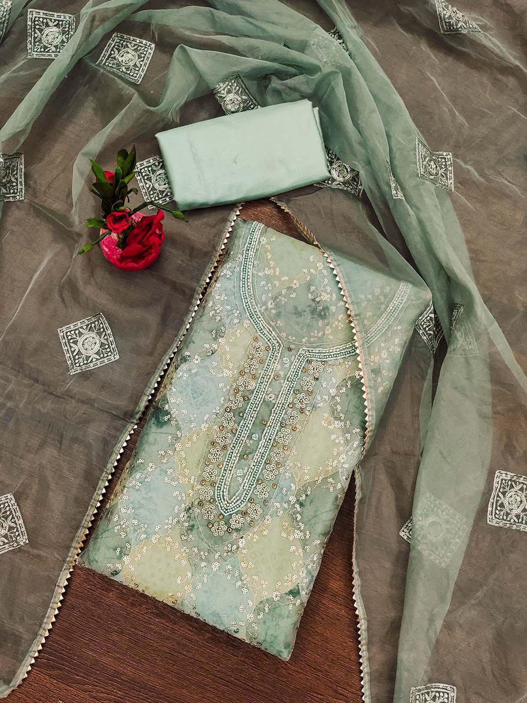 

KALINI Embroidered Organza Unstitched Dress Material, Green