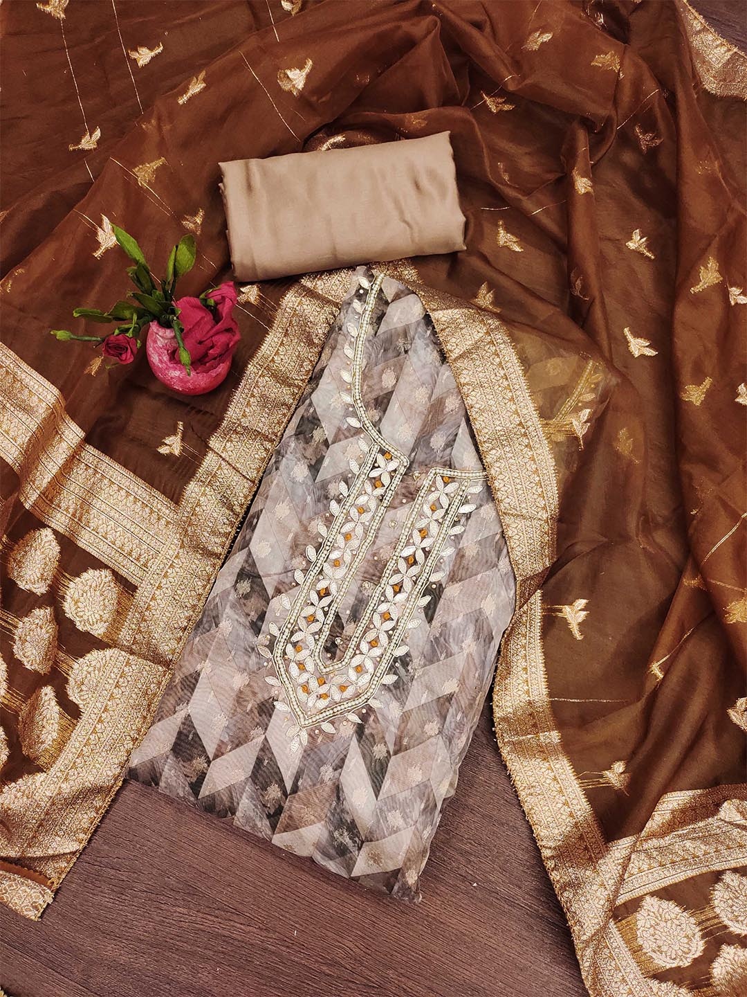 

KALINI Organza Unstitched Dress Material, Coffee brown