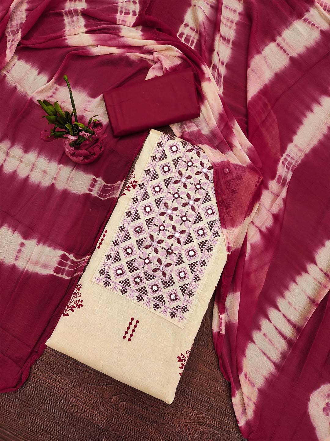 

KALINI Embroidered Unstitched Dress Material, Maroon